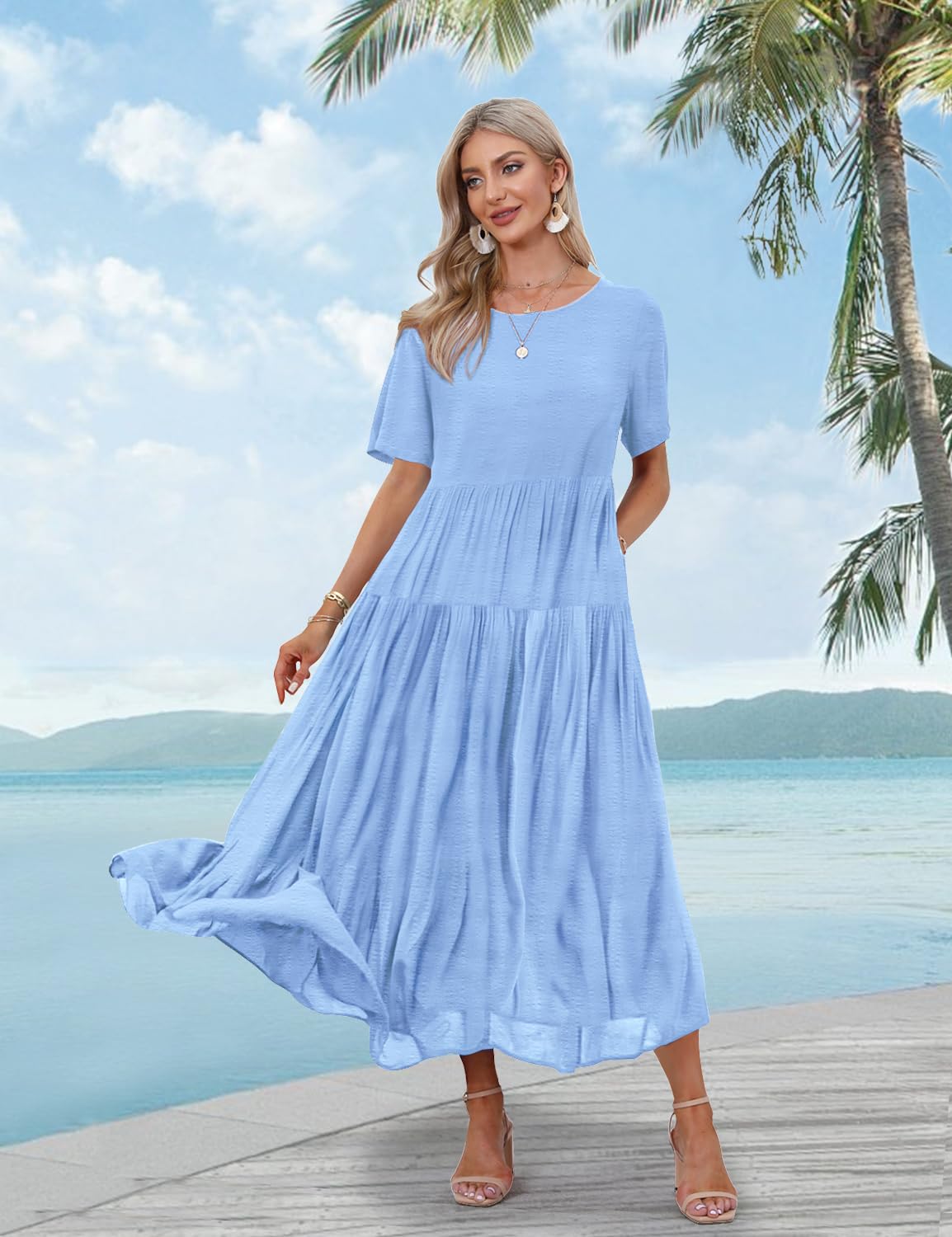 YESNO Women Casual Loose Bohemian Floral Dress with Pockets Short Sleeve Long Maxi Summer Beach Swing Dress (S EJF Solid C Light Blue)