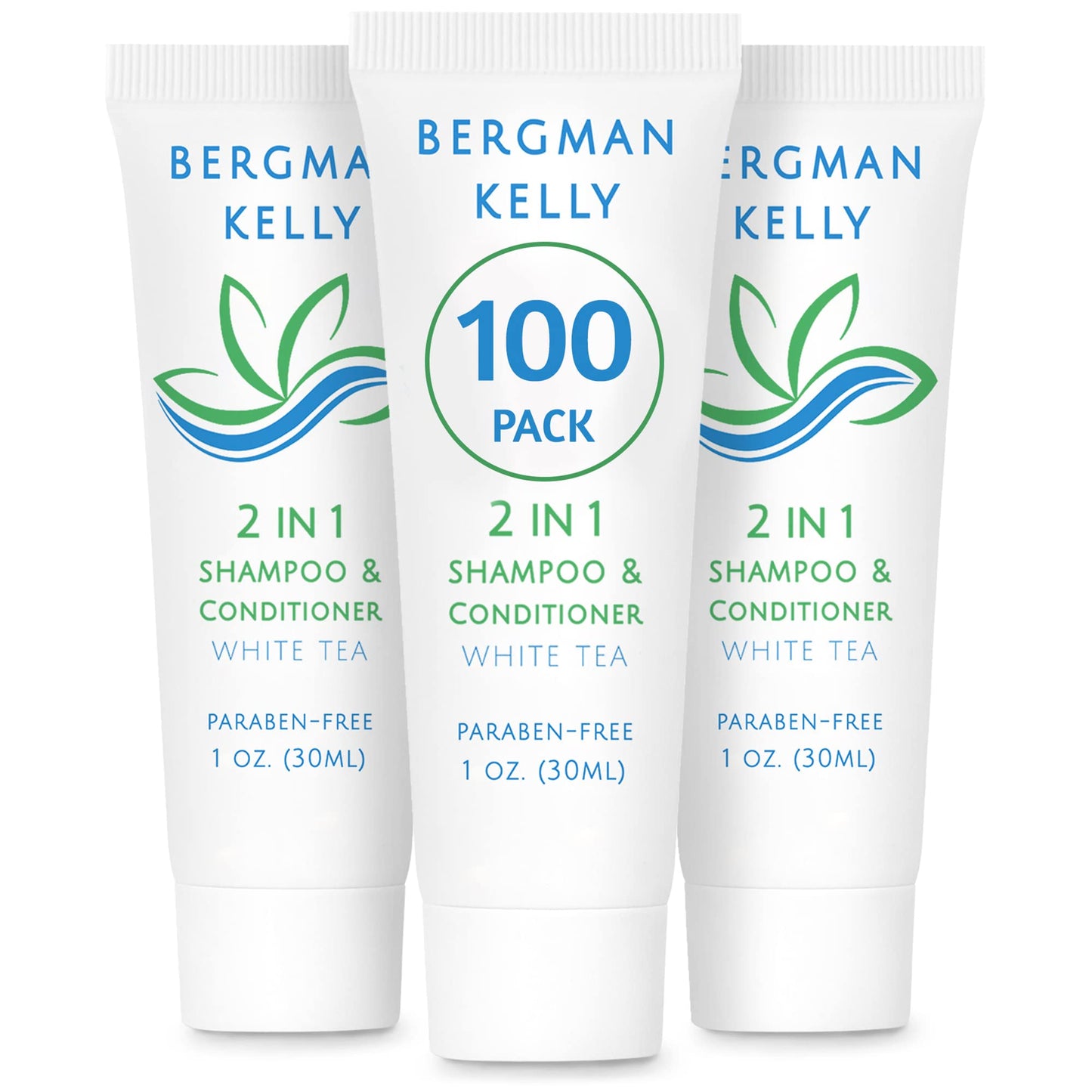 Bergman Kelly - Travel Size 2 in 1 Shampoo & Conditioner - 1 fl oz, 100 PK, White Tea - Delight Your Guests w/Revitalizing & Refreshing Shampoo Amenities, Quality Small Size Hotel Toiletries in Bulk