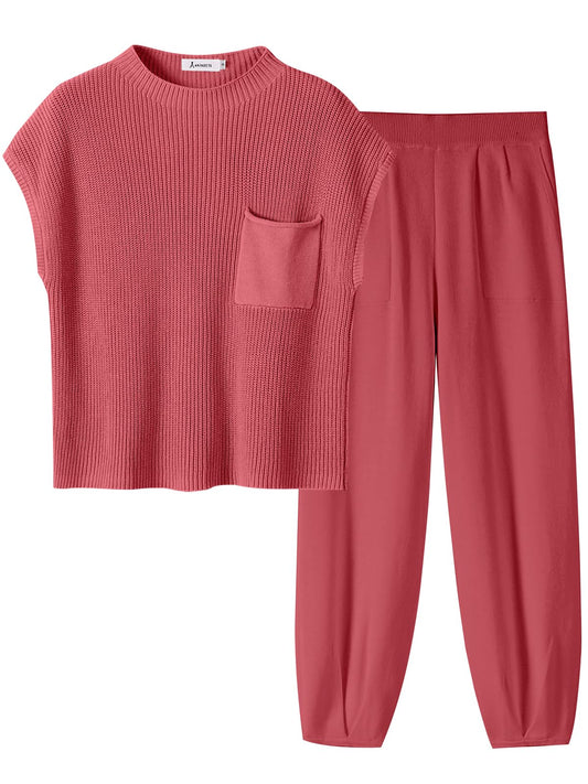 ANRABESS Women's Two Piece Outfits Knit Sweater Pullover Crop Top & Pants Lounge Matching Tracksuit Sweatsuit Sets 2024 Trendy Loungewear Clothes Hot Pink X-Small