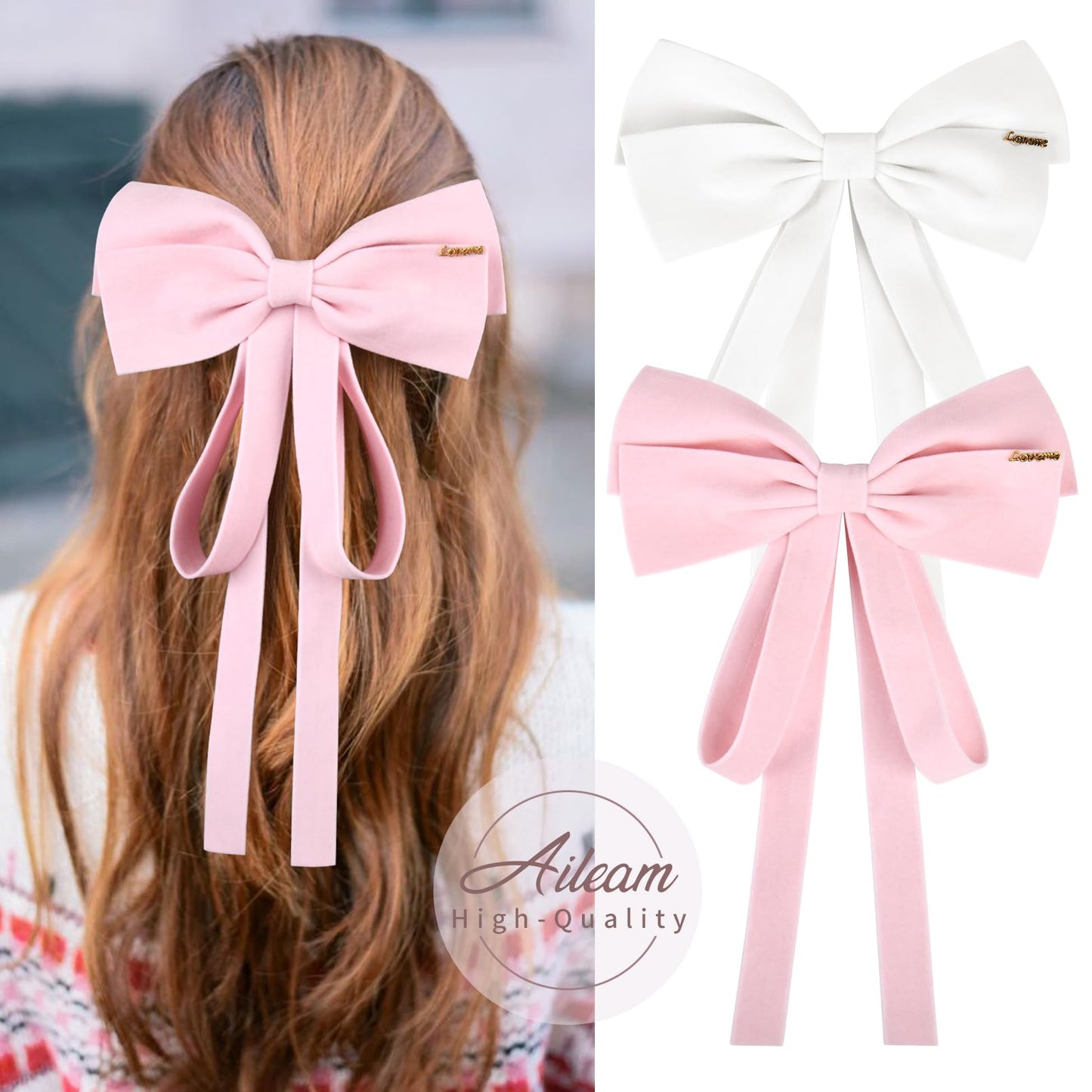 2PCS Velvet Bows Hair Clip Ribbon White Pink Accessories Ponytail Holder large Hair Bow for Women Girls Toddlers Teens Kids