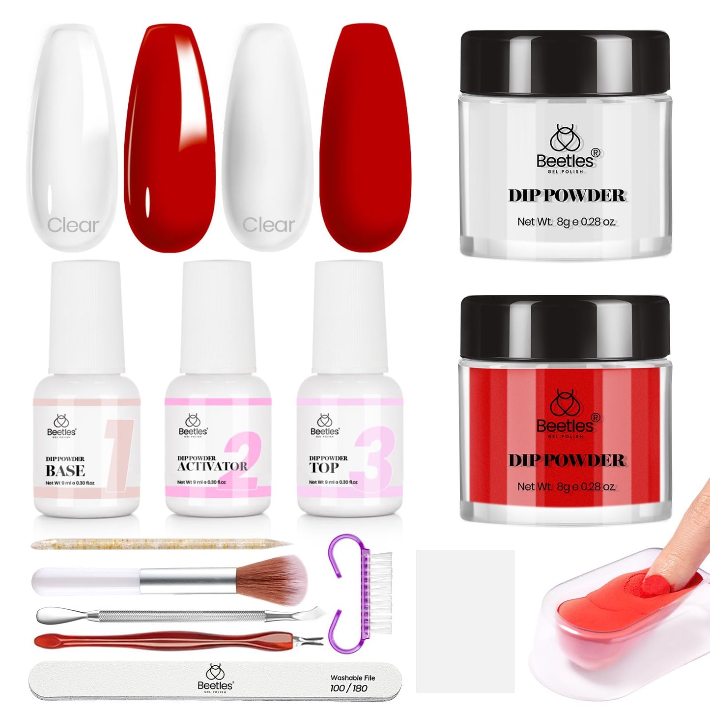 beetles Dip Powder Nail Kit Starter, Clear Red Dipping Powder Liquid Set with Base/Top Coat Activator Manicure Tools for French Nail