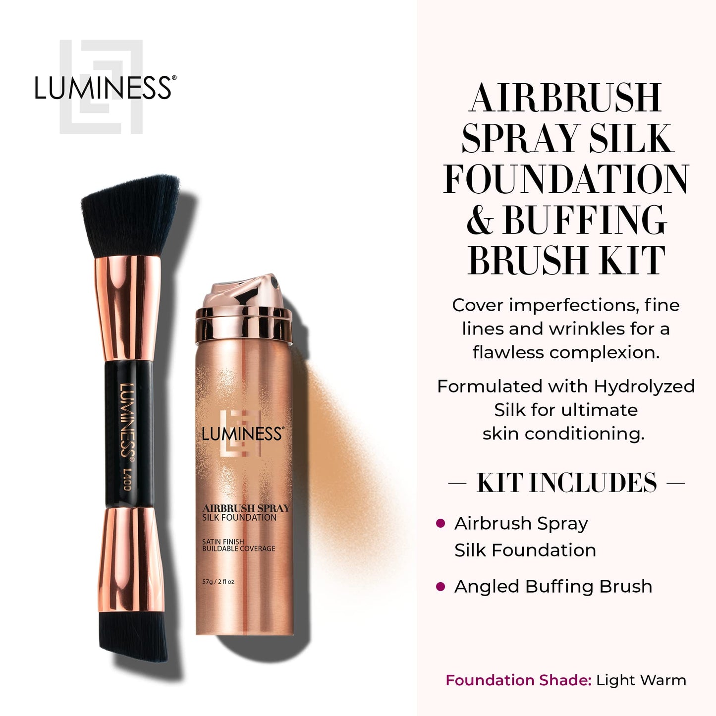 LUMINESS Silk Airbrush Spray Foundation & Buffing Brush Kit – Full Coverage Foundation & Dual-Sided Buffing Brush - Buildable Coverage, Anti-Aging Formula Hydrates & Moisturizes (Shade - Light Warm)