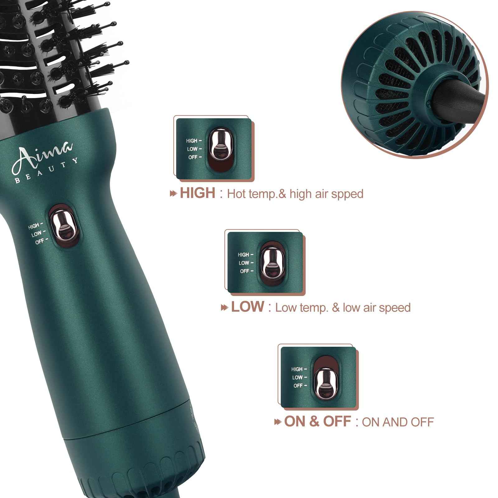 Aima Beauty Hair Dryer Brush Dual Voltage Worldwide Travel Blow Dryer Brush Hot Air Brush Oval Barrel 110-120V/220-240V 360°Airflow,Negative Ionic Frizz-Free Dry/Straightening/Voluming, Dark Green