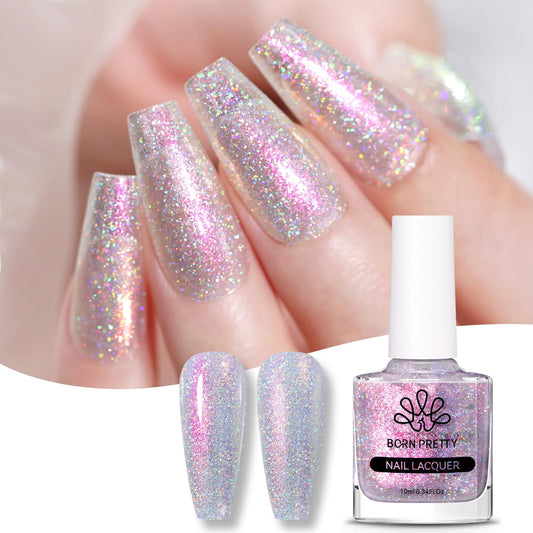 BORN PRETTY Holographic Glitter Nail Polish Pearl Mermaid Nail Polish Pink Purple Polarization Effect Lacquer 10ML