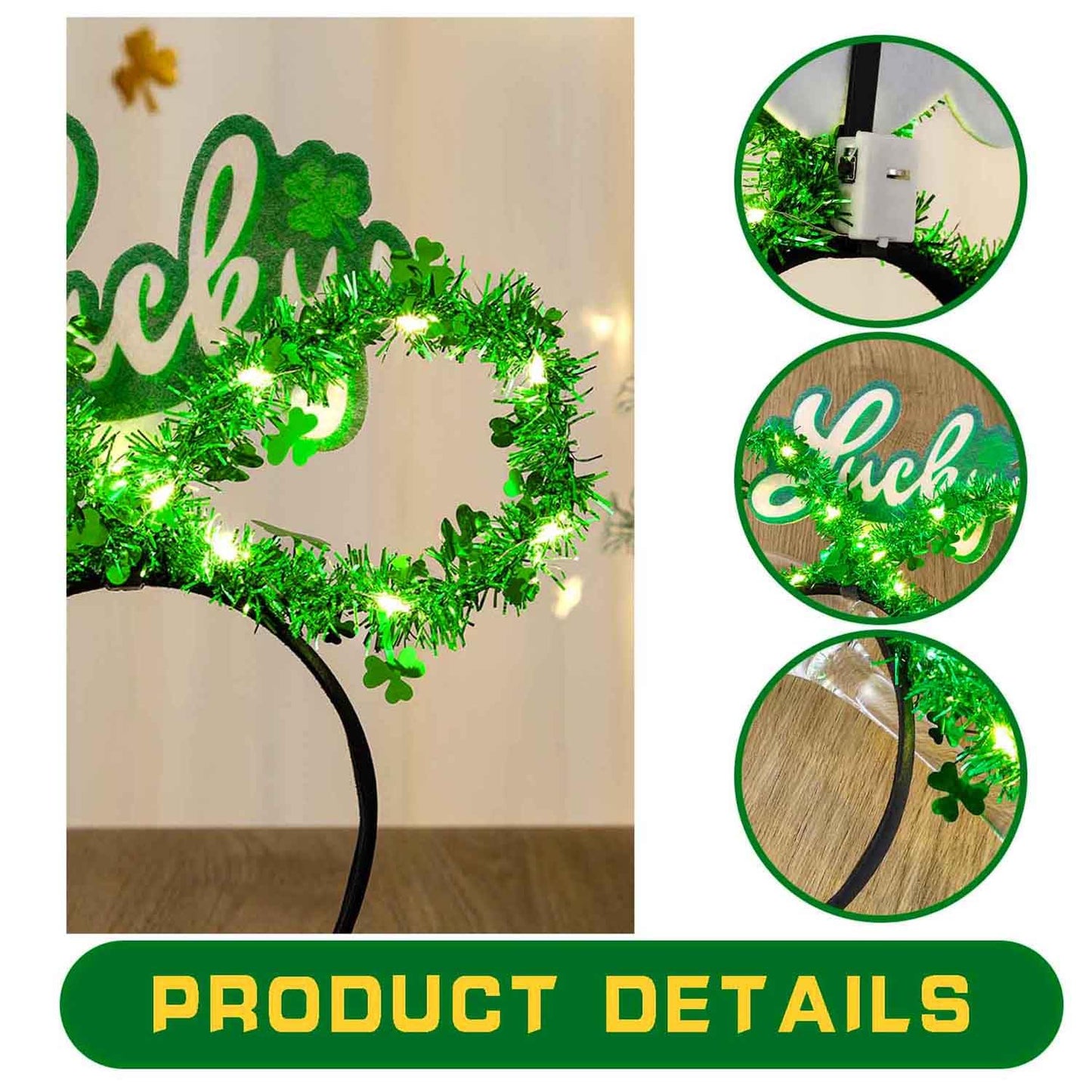 Aksod Light Up St Patricks Day Headband Green Shamrock Headpiece Glitter Lucky Clover Hair Accessories for Women (Style D)