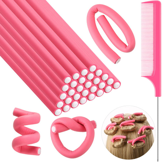 30 Pieces Flexible Curling Rods Twist Foam Hair Rollers Soft Foam No Heat Hair Rods Rollers and 1 Steel Pintail Comb Rat Tail Comb for Women Girls Long and Short Hair (Pink, 7 x 0.3 Inch)