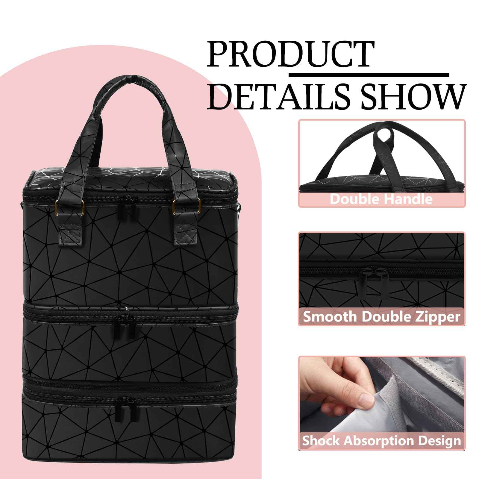 FCQQYWZ Large Nail Polish Organizer Case Hold 84+ Bottles Nail Polish & Nail Lamp, 3 Layers Nail Organizers and Storage for Nail Tech with Divider, Travel Carrying Case(Black)