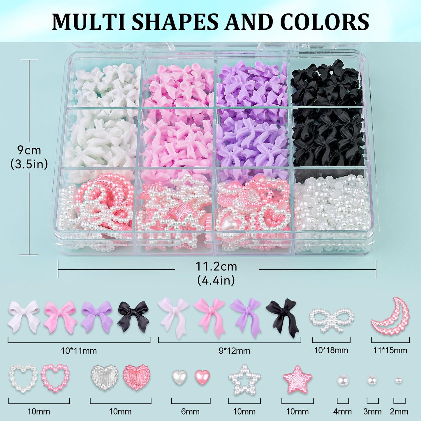 600 Pcs 3D Nail Charms and Flatback Pearls #7, 4 Colors Bow + Pink&White Star Heart Moon Cute Charms + 2-6mm White Pearls for Nail Art Design with Nail Charm Glue(UV Needed) and Pickup Tools