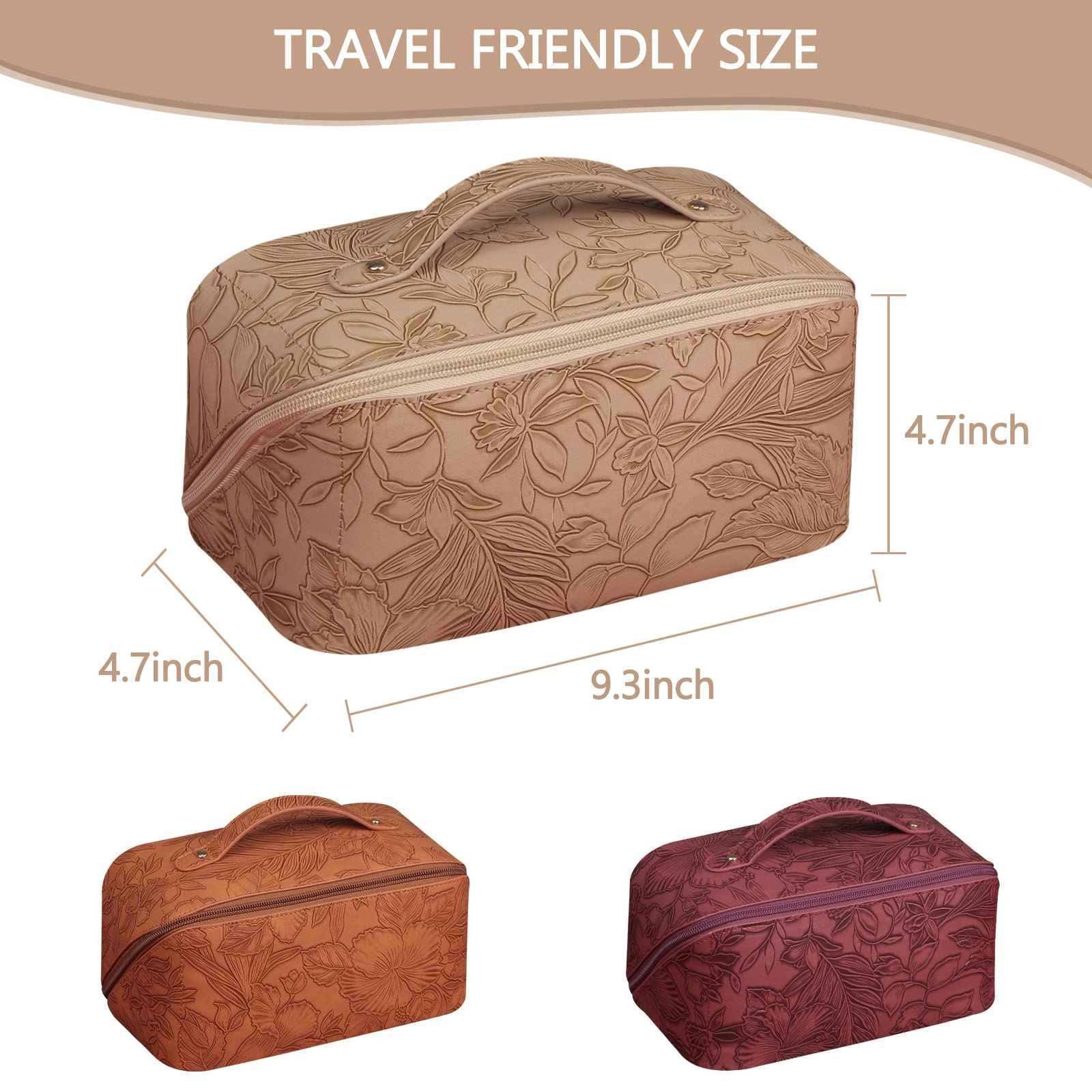 BAKLUCK Large Capacity Travel Cosmetic Bag with Compartment, Waterproof PU Leather Portable Flower Makeup Organizer Bag for Women and Girls - Khaki