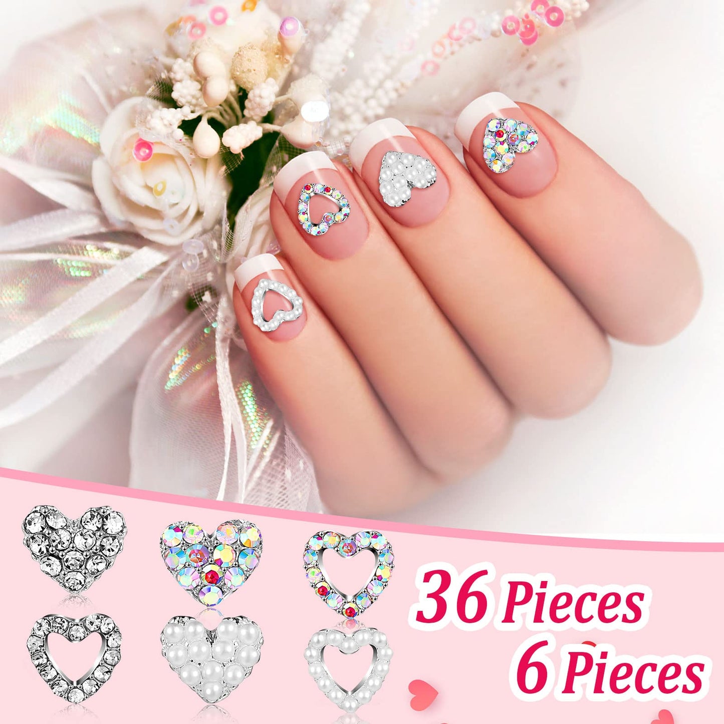 36 Pieces 3D Heart Nail Charms for Nail Heart Nail Rhinestone Decals Love Crystal Nail Charms Diamond Alloy Nail Gems Decorations for Women Girls Valentine's Day (Novel Style)