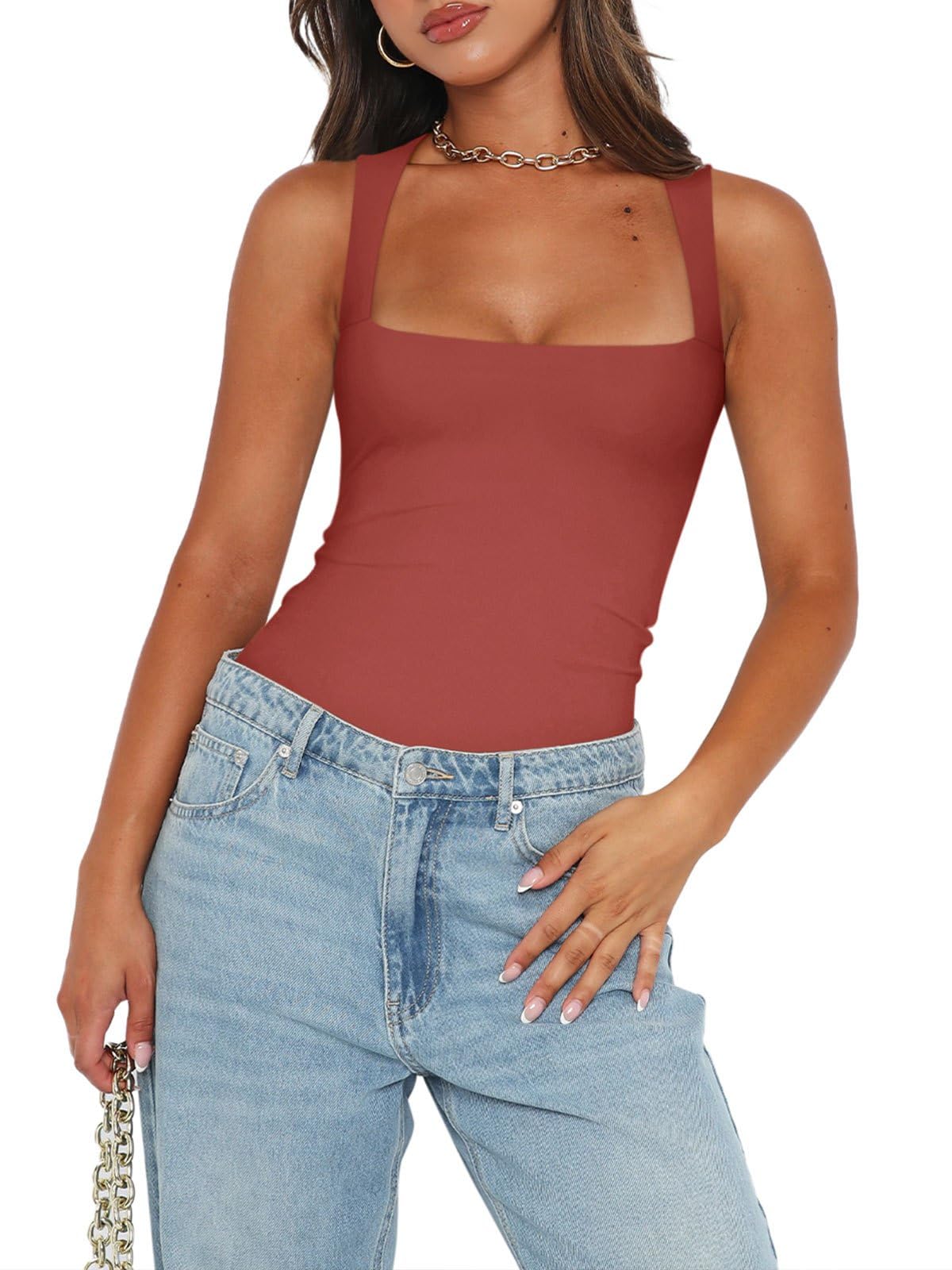 REORIA Womens Summer Sexy Sleeveless Square Neck Double Lined Going Out Cute Thong Bodysuit Tank Tops Rusty Red X-Small