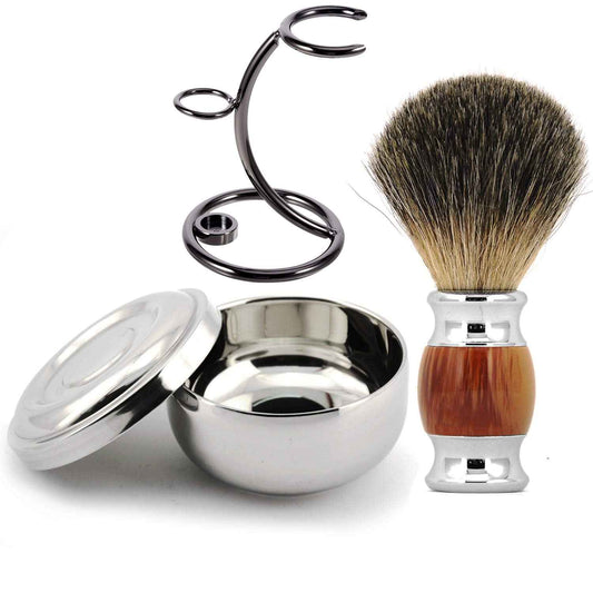 Grandslam Shaving Brush Kit,Pure Badger Hair Shaving Brush,Stainless Steel Shaving Stand and Double Layers Shaving Bowl
