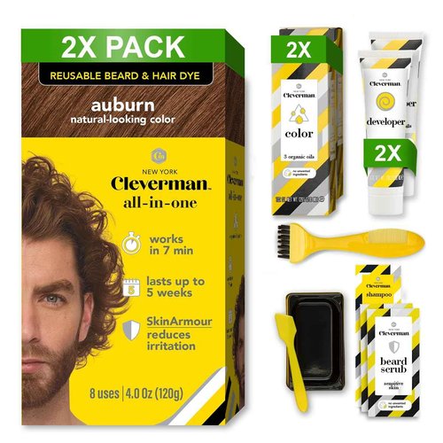 2X Pack Cleverman Hair & Beard Dye Kit for Men, All-in-One Reusable Mens Hair Color, Natural Gray Coverage, Ammonia-Free Beard Mustache Dye for Men (Auburn)