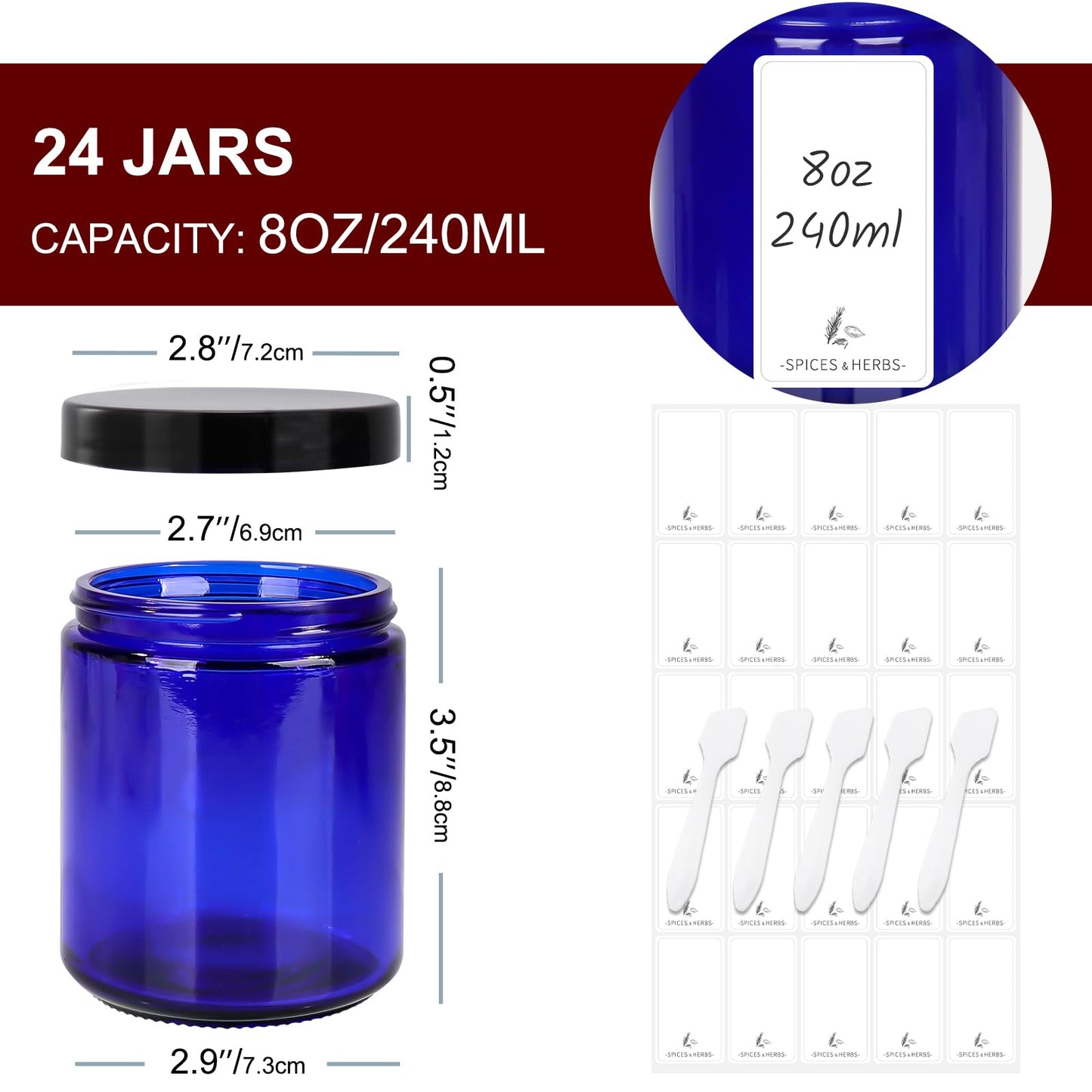 8 oz Blue Glass Jars with Black Plastic Lids, 24 Pack 240ml Round Empty Candle Jars Cosmetic Jars Food Storage Containers, Canning Jars For Craft, Powder, Liquid, Sample, Face Cream Lotion