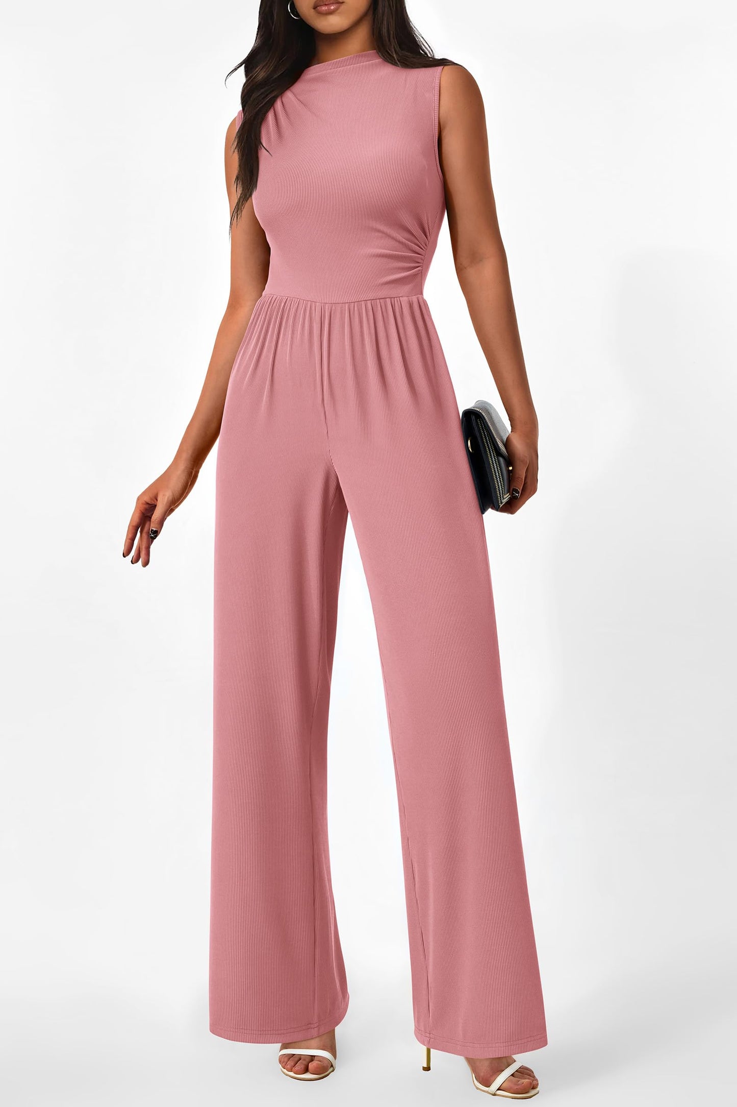 PRETTYGARDEN Womens Summer Jumpsuits Dressy Casual One Piece Outfits Sleeveless Mock Neck Wide Leg Pants Rompers with Pockets (Style2-Dusty Pink,Small)