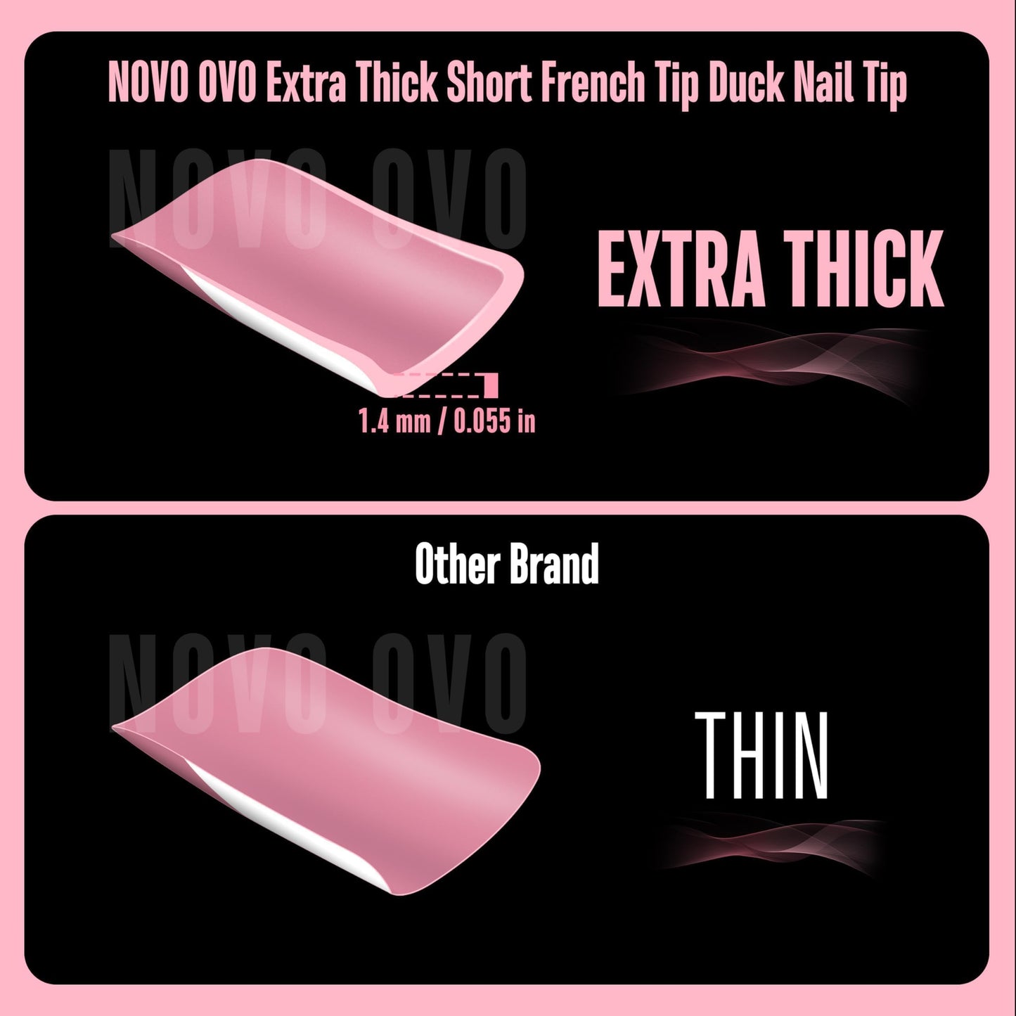 NOVO OVO French Tip Short Duck Nail Tips Press on, Pre-designed Soft Gel Nail Extension, BERRY PINK Pre-applied Tip Primer & Base Coat, Full Cover Matte Vrial False Nails for DIY x 12 Sizes 240 pcs