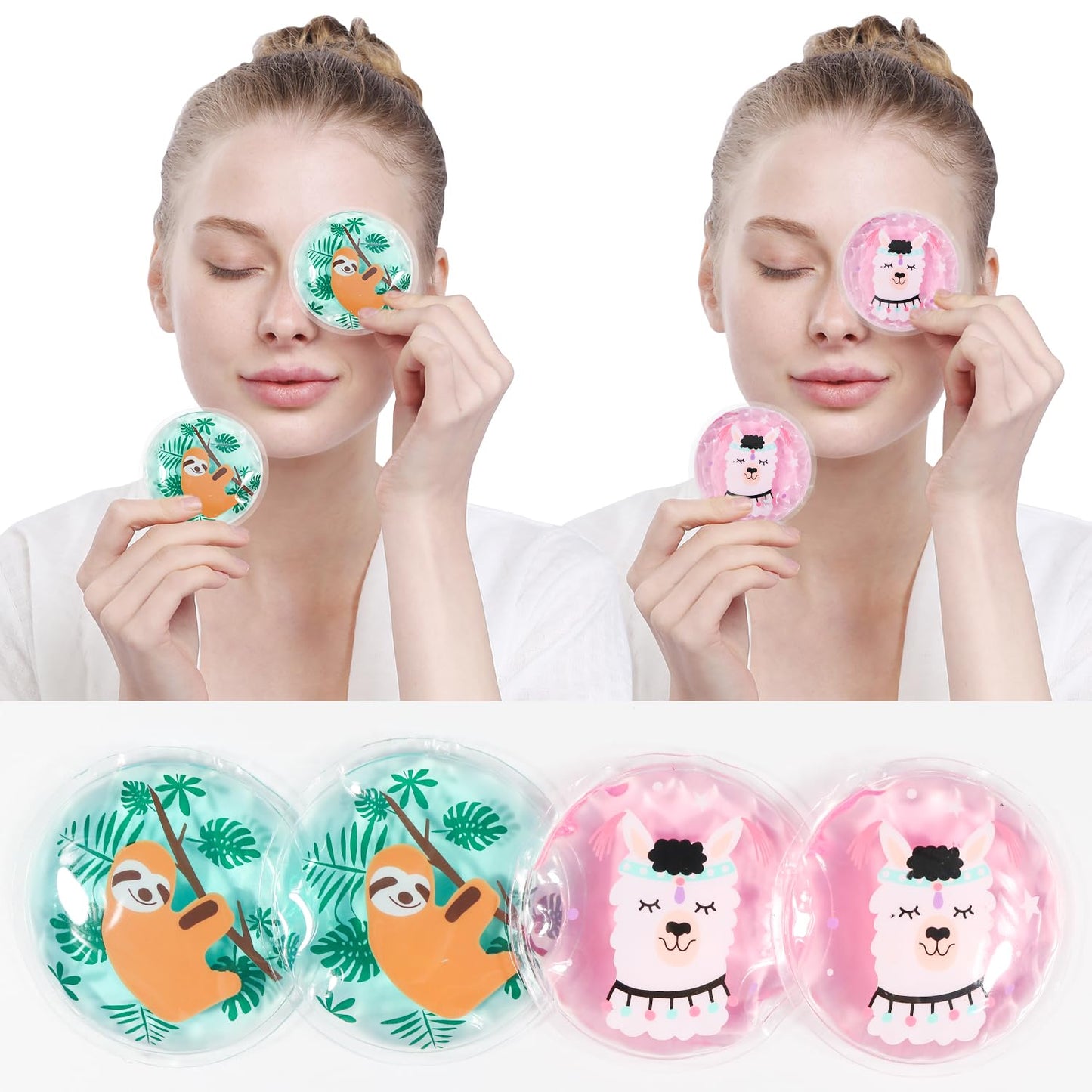 Gel Ice Pack Reusable, Cooling Eye Pads and Patches, Hot and Cold Eye Pads - Soothing, Revitalizing, Puffiness, Refresh, Relieves Stress, Relax, Relieves Puffiness and Tension(2 Sloths+2 Alpacas)