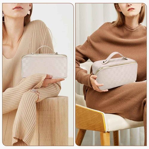 Cessfle Large Capacity Travel Cosmetic Bag, Boho Purple Makeup Bag Waterproof Leather Travel Toiletry Bag Woven Open Flat Makeup Organizer Bag