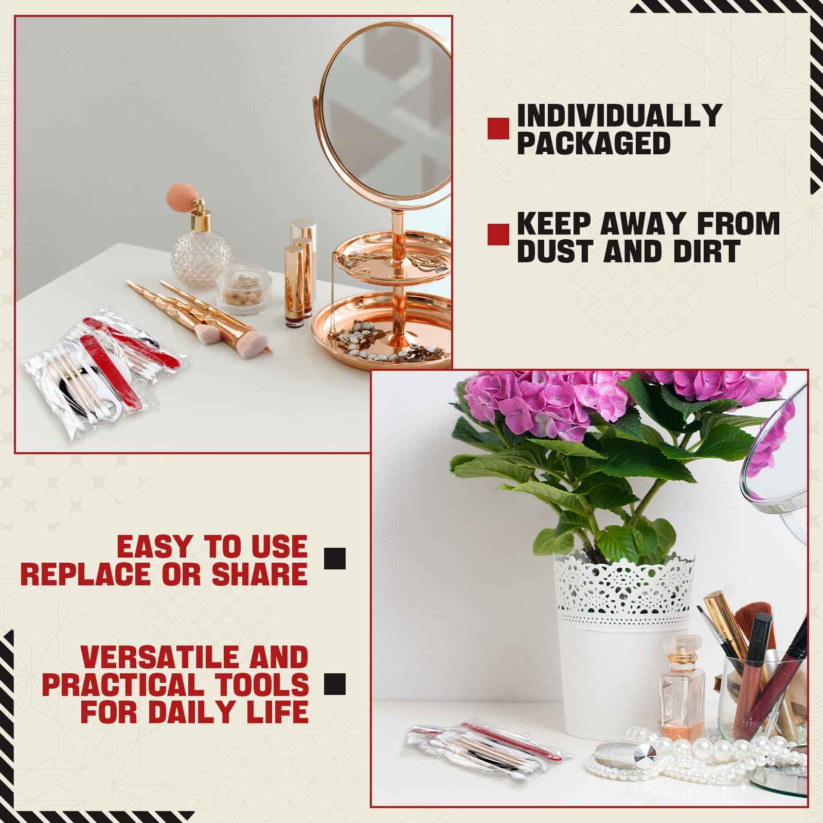 Tondiamo 100 Set Hotel Vanity Kit Individually Wrapped Travel Size Hotel Hospitality Kit Include Disposable Cotton Pads, Cotton Swabs, Hair Tie, Nail File, Dental Floss for Motels Toiletries