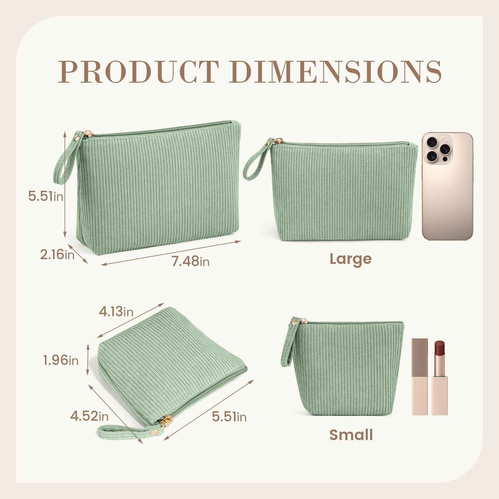 MAGEFY 2Pcs Makeup Bag Set, Cute Makeup Pouch for Purse Corduroy Travel Cosmetic Pouch for Women with Slip-in Pockets for Purse Essentials Accessories(Green,Mini+Small)