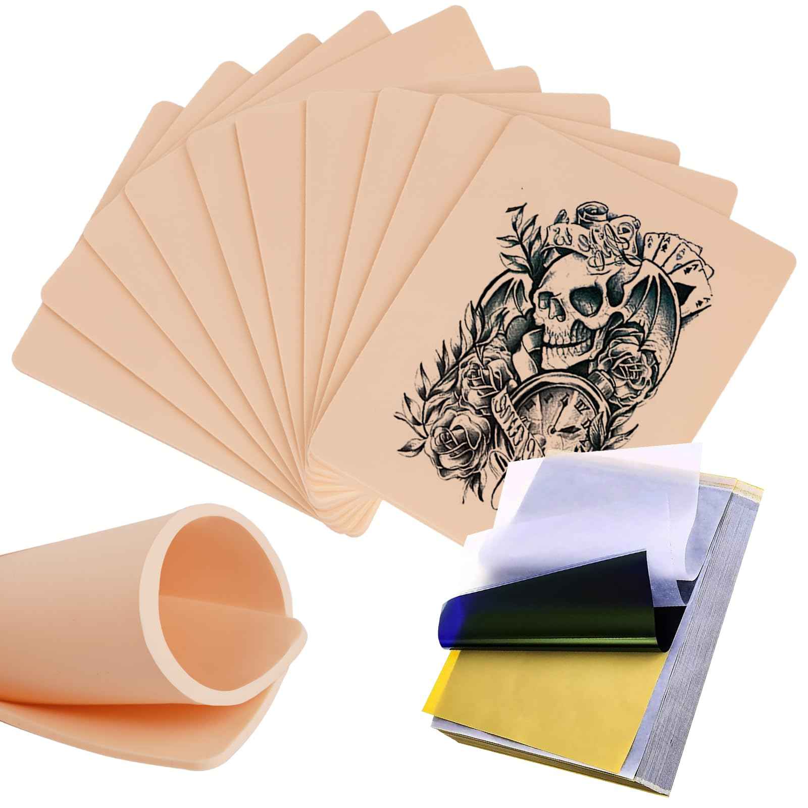 3MM Fake Skin and Transfer Paper Kit - Jconly 30pcs Tattoo Skin and Transfer Paper Kit Includes 10pcs Best Silicone Thick Skin Double Sided, 20Pcs Stencil Paper Tattoo Supplies Tattoo Kit