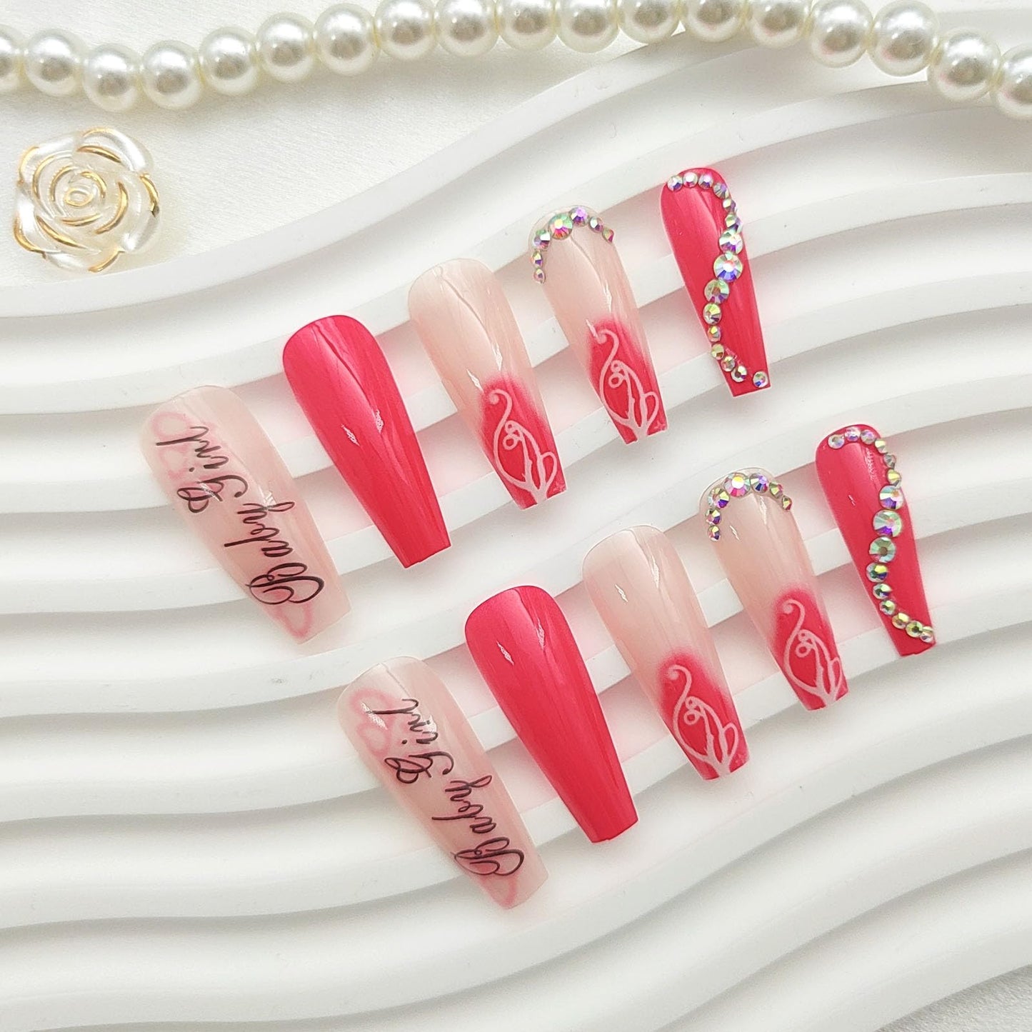 Press on Nails Long Coffin Fake Nails Valentines Acrylic Nails Black Letter Design False Nails Red and Nude Translucent Glue on Nails Rhinestones and Graffiti Stick on Nails for Women 24Pcs