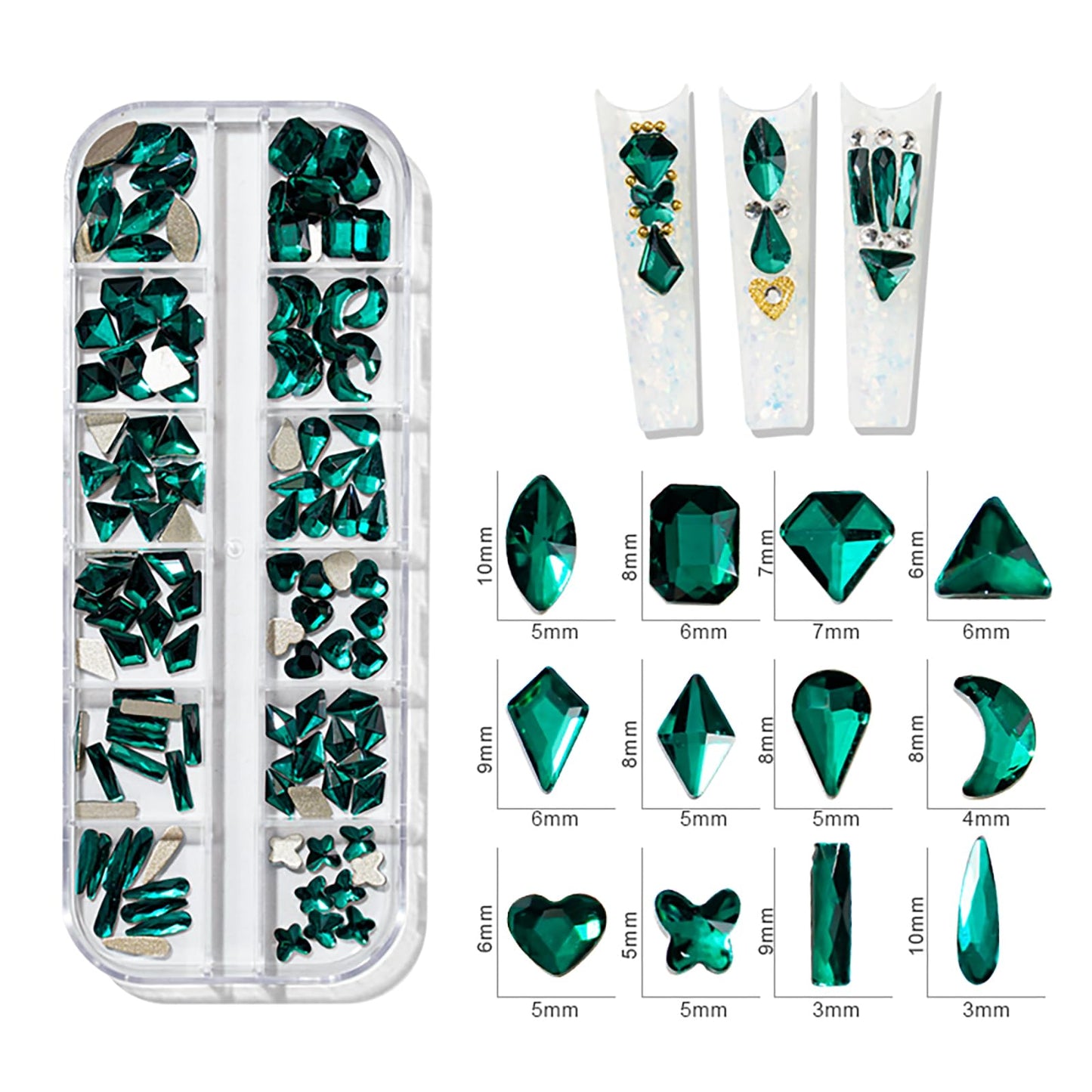 1460PCS Emerald Green Luxury Nail Art Rhinestones Kit for Acrylic Nails,Green Nail Charms 180pcs Multi Shapes Flatback Rhinestones+1240pcs Round Beads Glass+40pcs Metal Rhinestones Manicure