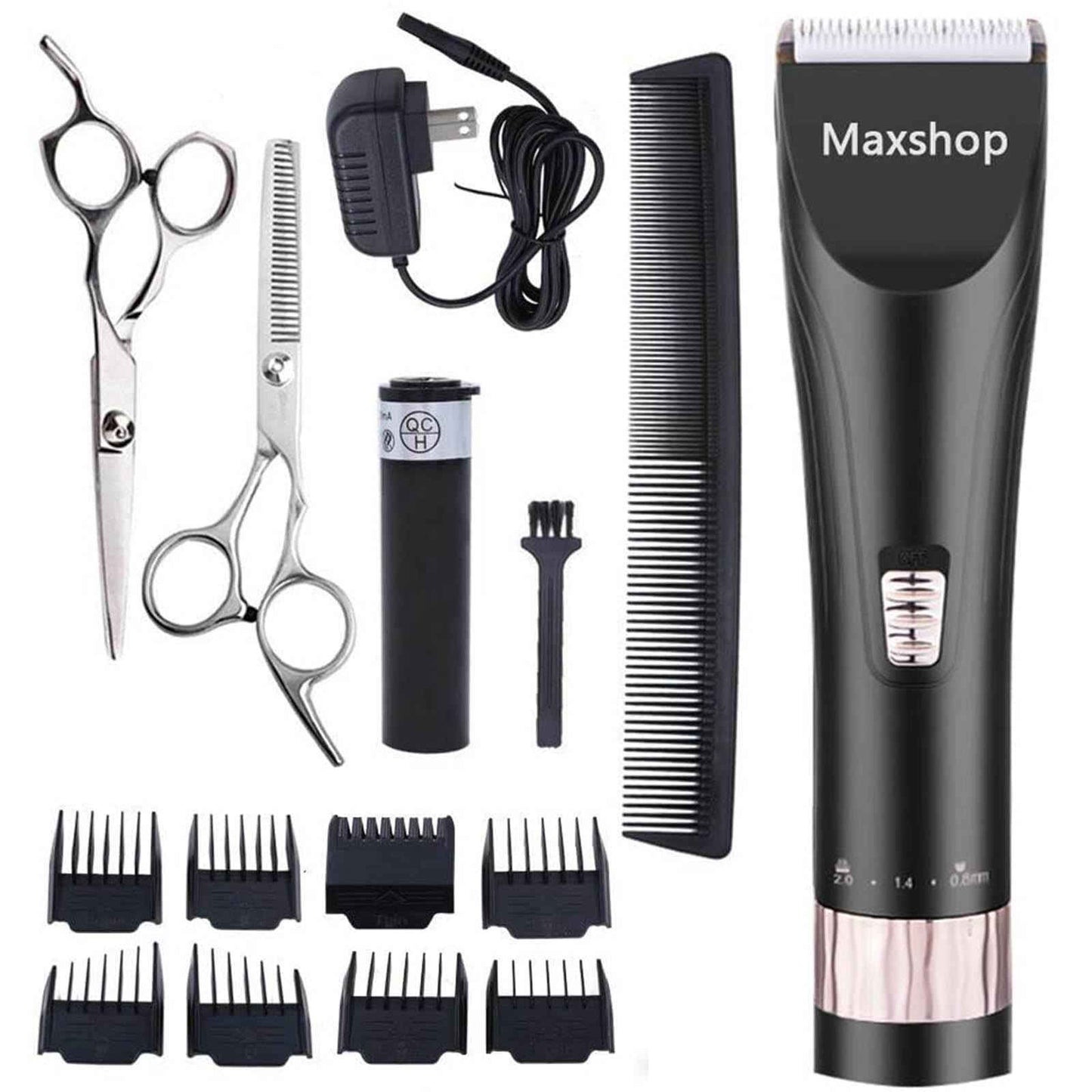 Maxshop Professional Hair Clippers for Men and Babies Quiet Clippers Cordless Haircut kit with Charging Dock, 8 Comb Guides, 2 Scissors,1 Hair Comb Self Hair Cutting System (Black)