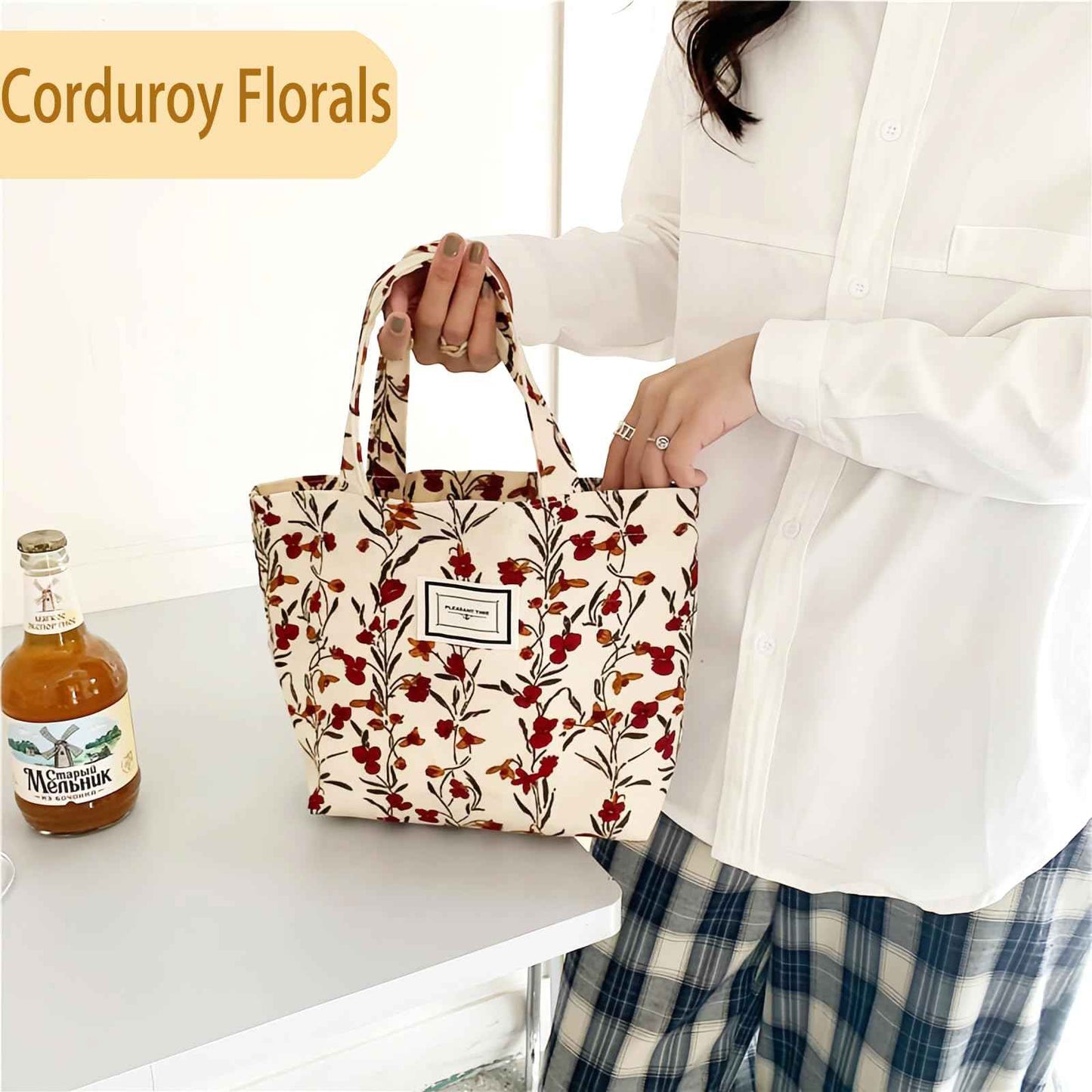 Kovewon 2PCS Small Tote Bag for Women Mini Canvas Embroidered Daisy Book Tote Bag Cute Corduroy Aesthetic Floral Reusable Bags for Grocery, Essentials, Water Bottle, Keys, Book, Bible