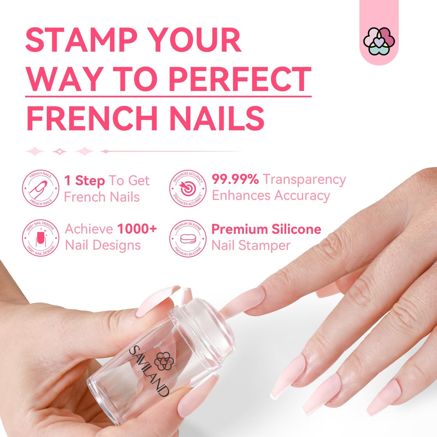 Saviland French Tip Nail Stamp - 4PCS Nail Art Stamper Kit Clear Silicone Nail Stamping Long & Short Jelly Stamper for Nails with Scrapers Nail Stamper Kit for French Manicure Home DIY Nail Art Salon