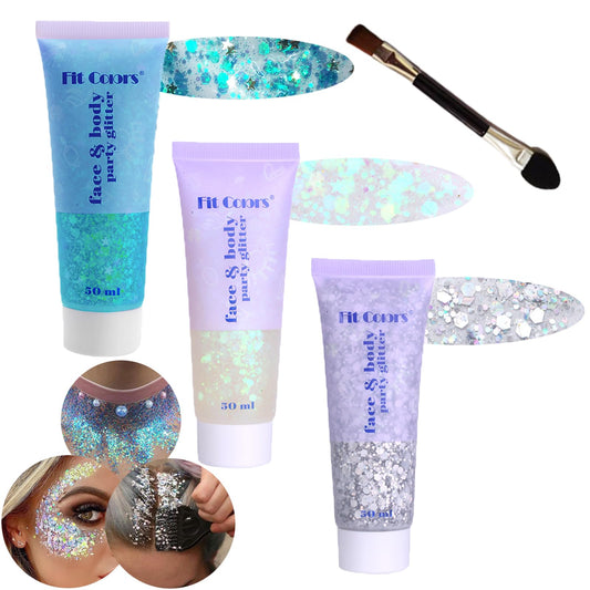 Body Glitter Face Glitter Gel: Singer Concerts Disco Festival Rave Accessories Face Glitter Makeup 150ml Chunky Sequins Mermaid Face Body Hair Glitter Gel (White&Silver&Lake Blue)