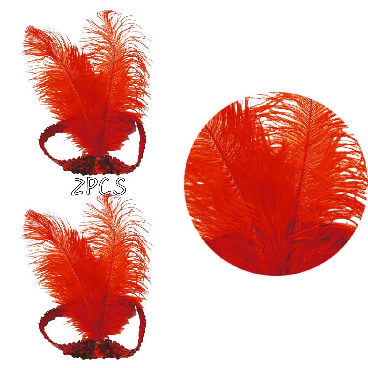 XKTEI 2pcs Sequins Feather Headpiece,1920s Flapper Headband,Mardi Gras Carnival Party Headwear Costume Accessory,Women Girls (Red)