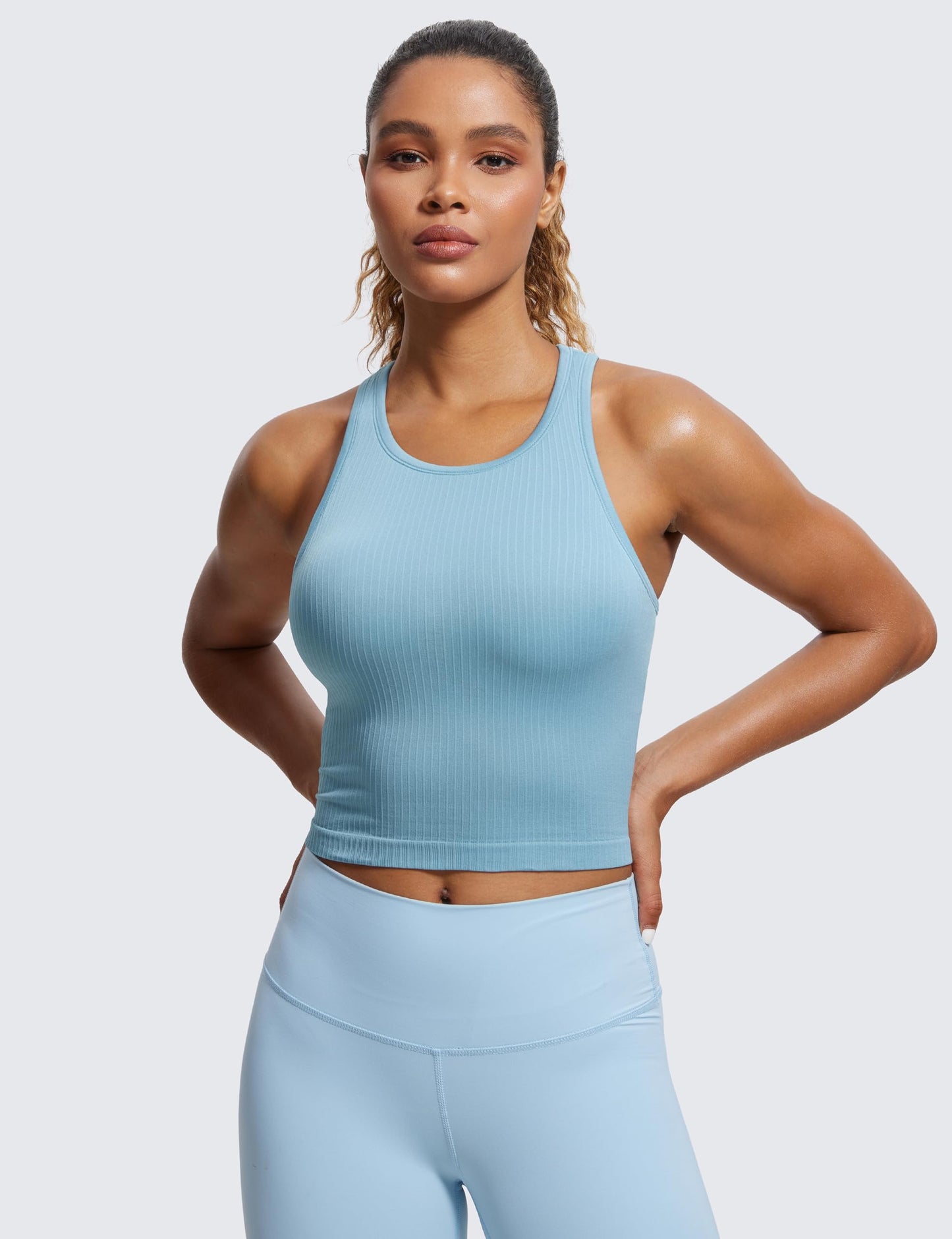 CRZ YOGA Womens Seamless Ribbed Longline High Neck Sports Bra - Racerback Padded Slim Fit Crop Tank Top with Built in Bra Pure Blue XX-Small