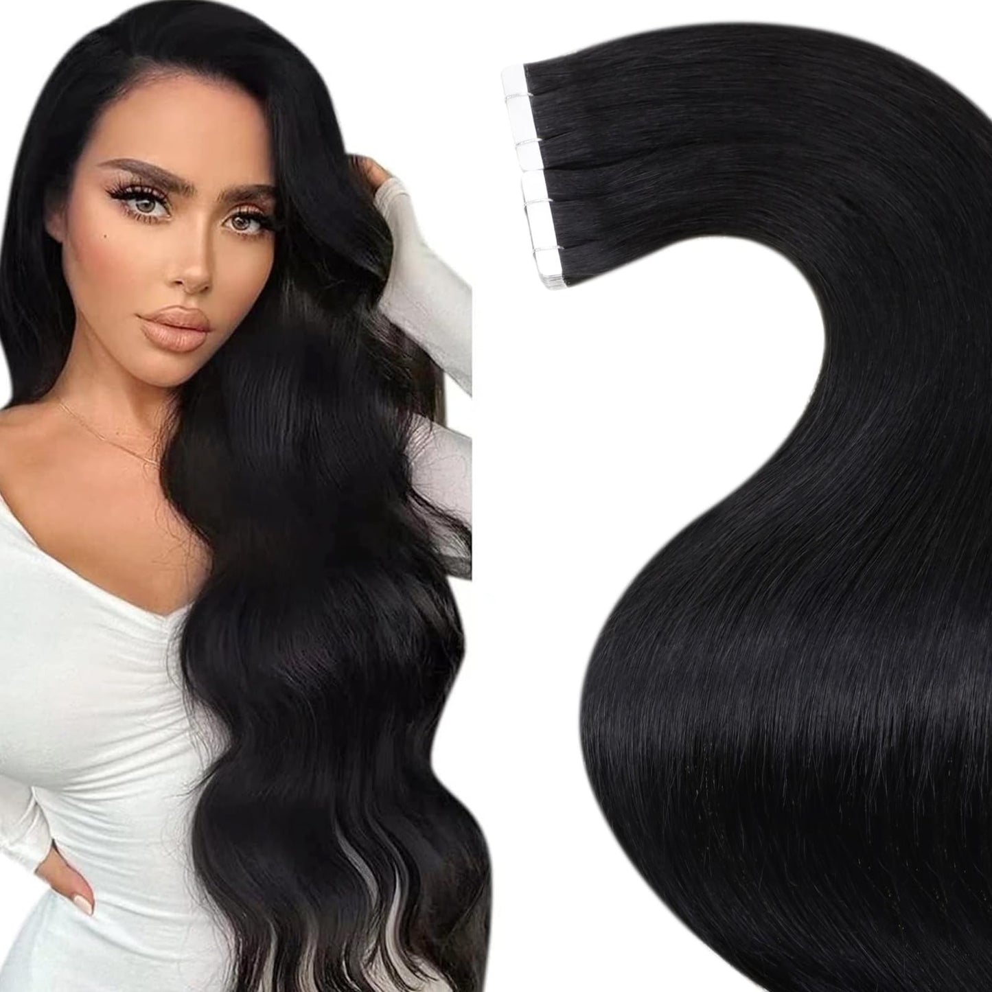 LaaVoo Tape in Hair Extensions Black Tape in Hair Extensions Human Hair 20Inch Tape in Extensions Real Human Hair Jet Black 20pcs 50g