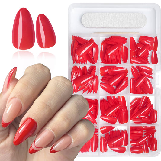 Bellelfin 360pcs Almond Press on Nails Medium Length Dark Red Fake Nails Glossy Press Nails Short Almond Flase Nails Press Ons Acrylic with 10 Sheets Adhesive Tabs for Women Girls