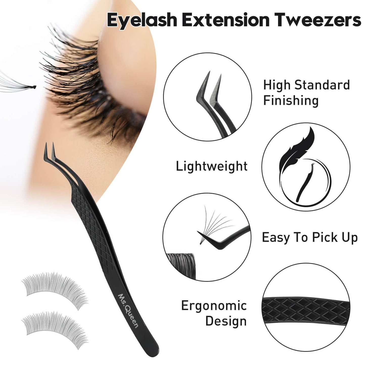 Ms.Queen Tweezers for Eyelash Extensions, Fiber Grip S-Curved Lash Tweezers for Inner Corner,Volume & Classic Lashes,Black