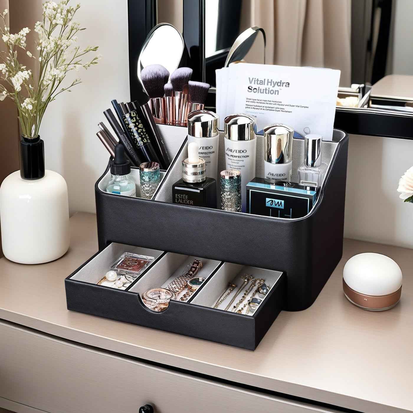 KINGFOM Leather Makeup Organizer with Drawer, Cosmetic Storage for Dresser Countertop and Bathroom Vanity, Beauty Holder for Lipstick Brush Skincare (Black)
