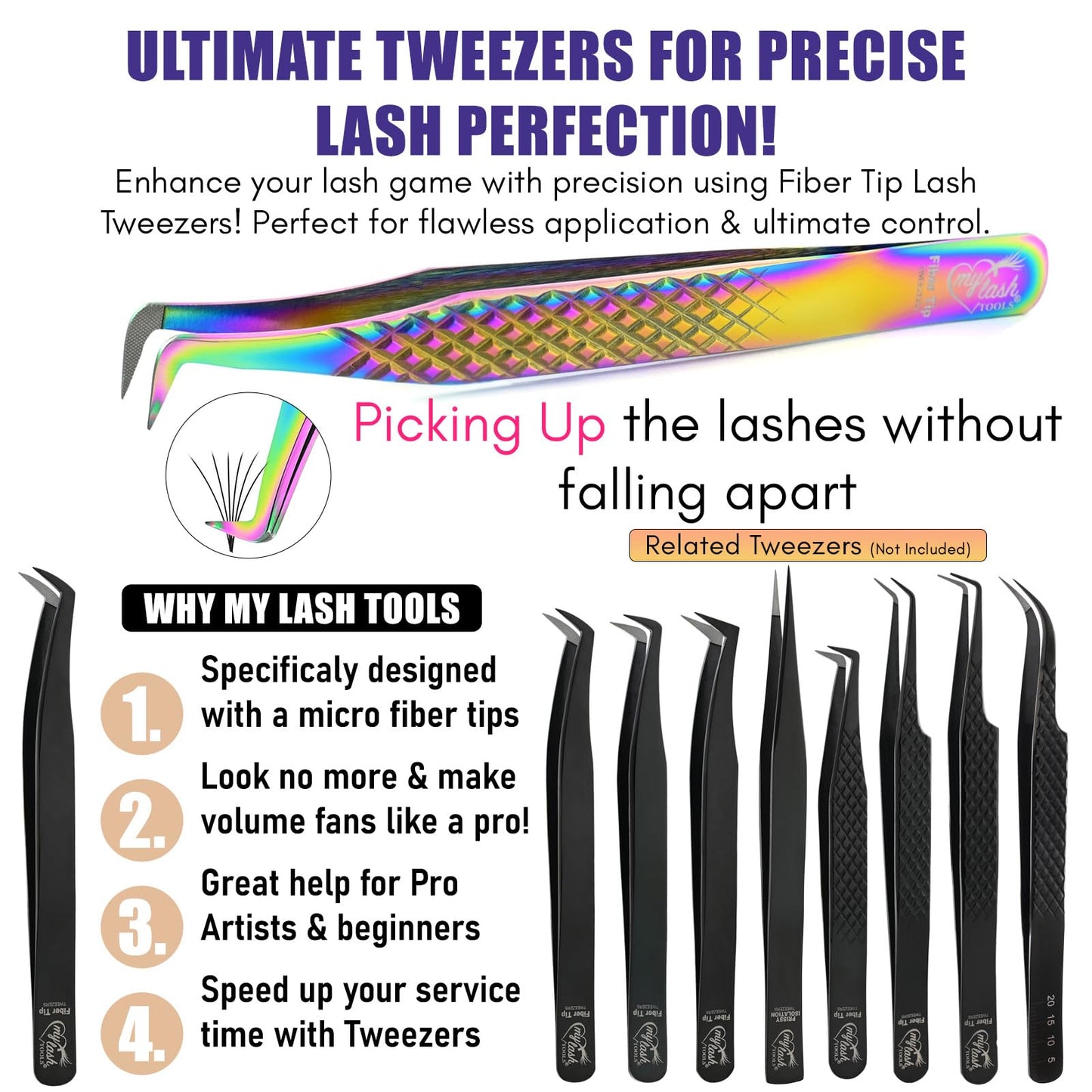 My Lash Tools Lash Tweezers For Eyelash Extension Precision Fiber Tip Lash Tweezers for Eyelash Extensions 90 Degree Mega Volume Boot tweezers for women | Stainless Steel Lashing Tweezers (Rainbow)