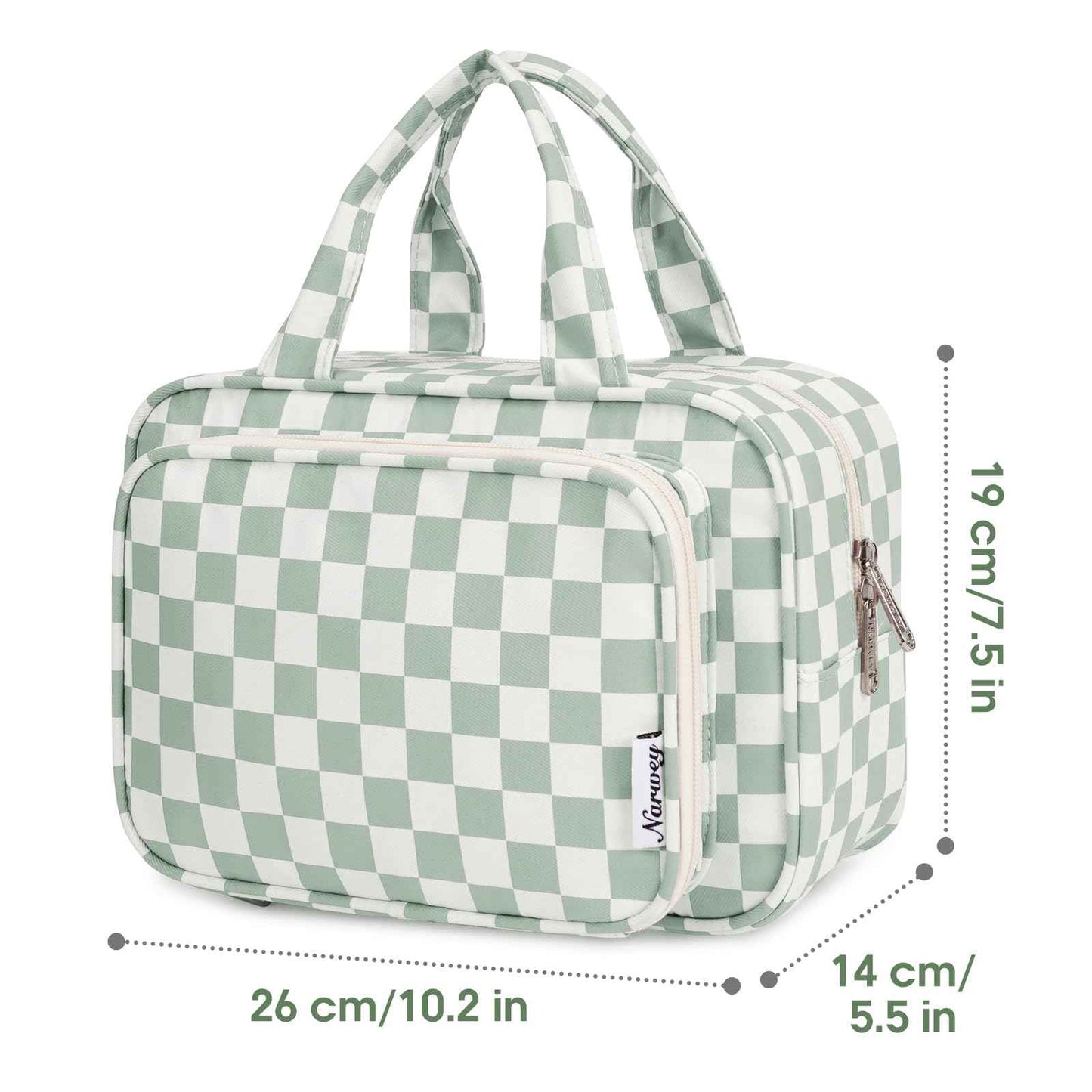 Narwey Large Travel Toiletry Bag for Traveling Women, Cosmetic Makeup Bag Make Up Organizer, Checkered Travel Bag for Toiletries with Handle (Mint Green Checkerboard)