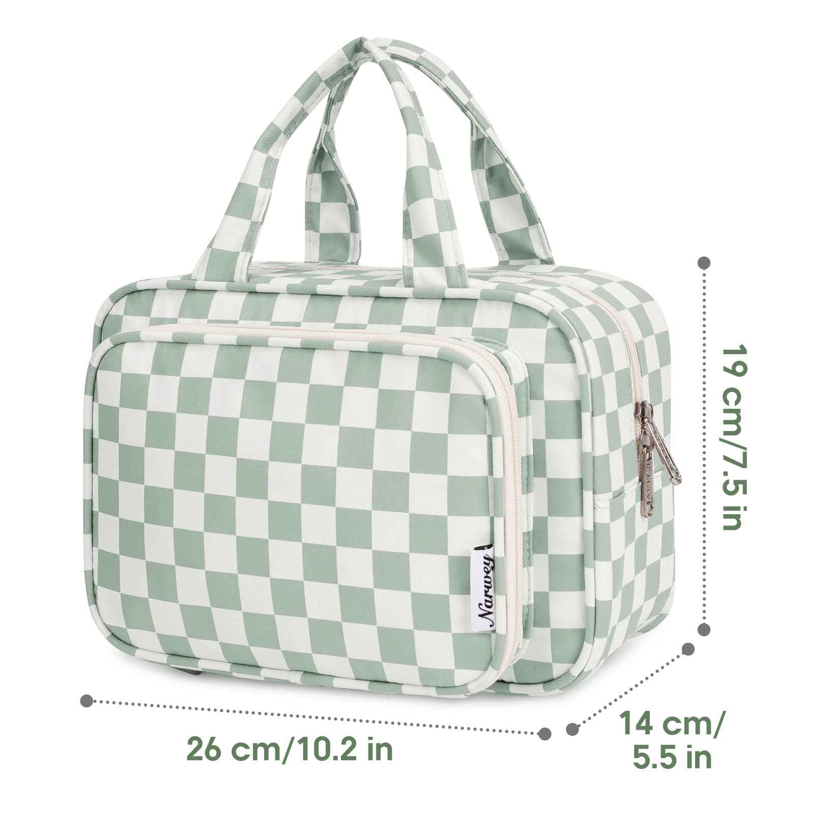 Narwey Large Travel Toiletry Bag for Traveling Women, Cosmetic Makeup Bag Make Up Organizer, Checkered Travel Bag for Toiletries with Handle (Mint Green Checkerboard)
