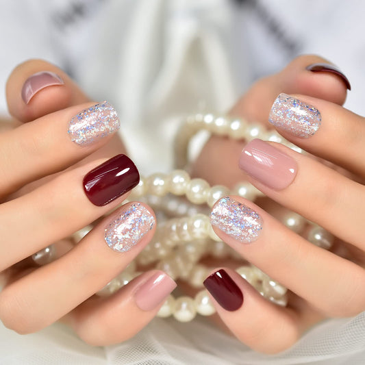 Pink Red Press On Nails With Glitter Designed Nails Glossy Short Round Fingernails Manicure Salons At Home With Tabs For Party Wedding Working Full Cover Women Girls Fake Nails