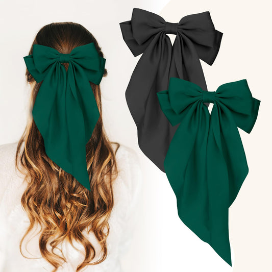 Black Bow Set for Women and Girls - Satin Hair Bows, Ribbon Hair Bows, Hair Clips, and Barrettes in Green (2pcs Large)