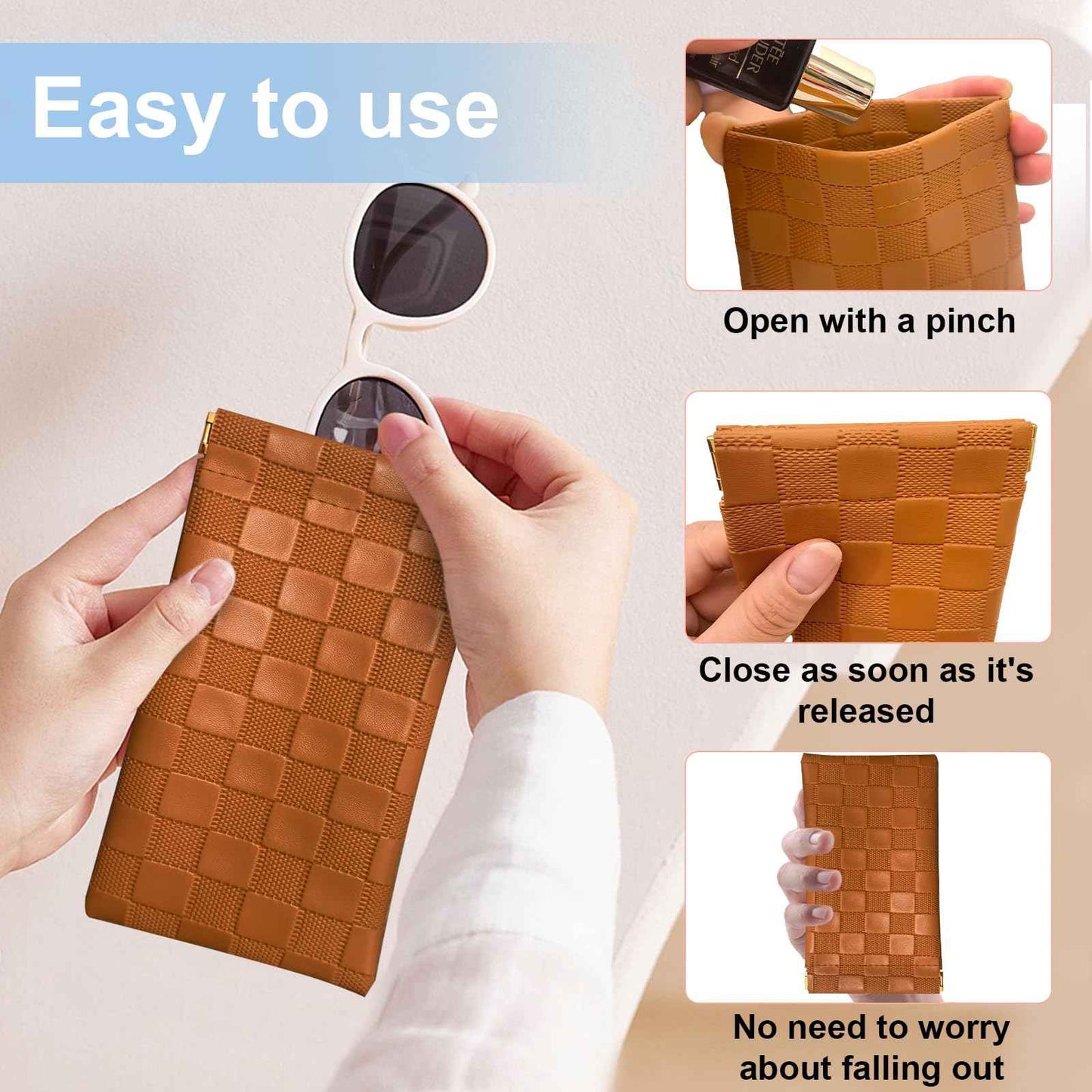 4PCS Small Makeup Bag for Purse, Mini Leather Pocket Cosmetic Bag for Women, Waterproof Portable Makeup Pouch No Zipper Coin Purse Lipstick Bag Accessories, Checkered Travel Storage Bag(Black, Brown)