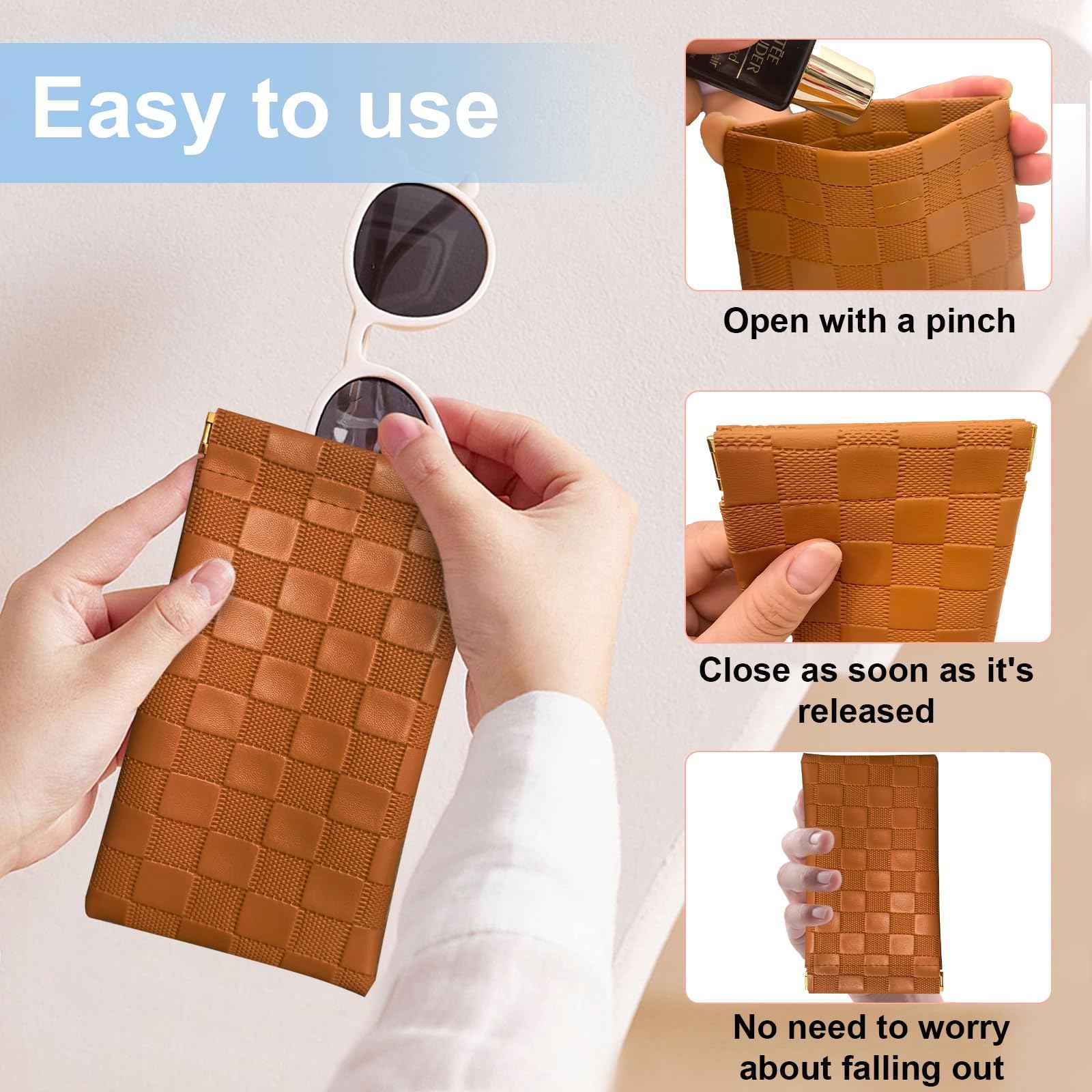 4PCS Small Makeup Bag for Purse, Mini Leather Pocket Cosmetic Bag for Women, Waterproof Portable Makeup Pouch No Zipper Coin Purse Lipstick Bag Accessories, Checkered Travel Storage Bag(Black, Brown)