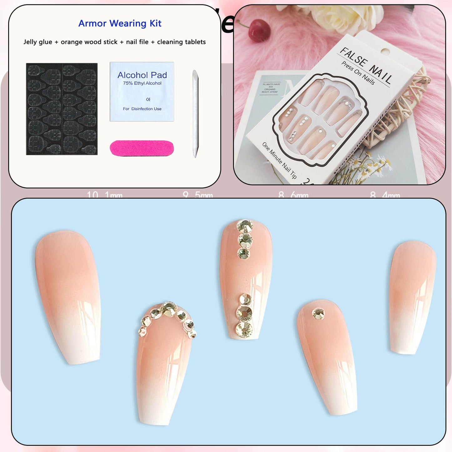 Pink Long Press on Nails Coffin White Gradient Acrylic Nails Press ons with Rhinestones Design Full Cover False Nails with Glue for Women and Girls 24Pcs