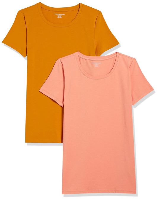 Amazon Essentials Women's Classic-Fit Short-Sleeve Crewneck T-Shirt, Pack of 2, Coral Orange/Golden Yellow, X-Small