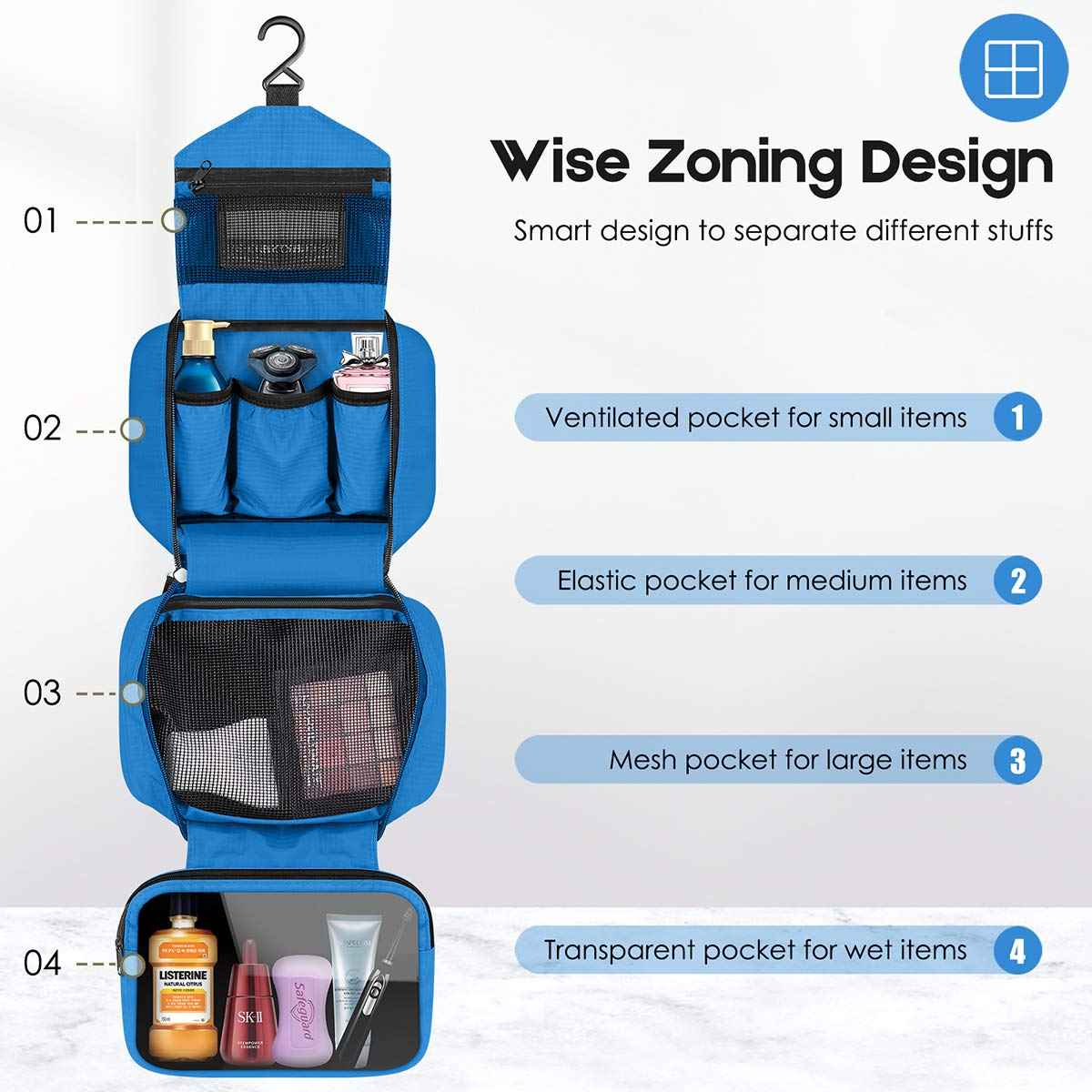 dopobo Travel Toiletry Bag for Women, Dopp Kit for Men, Waterproof Makeup Bag Shaving Bag with Hanging Hook, Portable Toiletry Organizer for Traveling and Camping (Blue)…