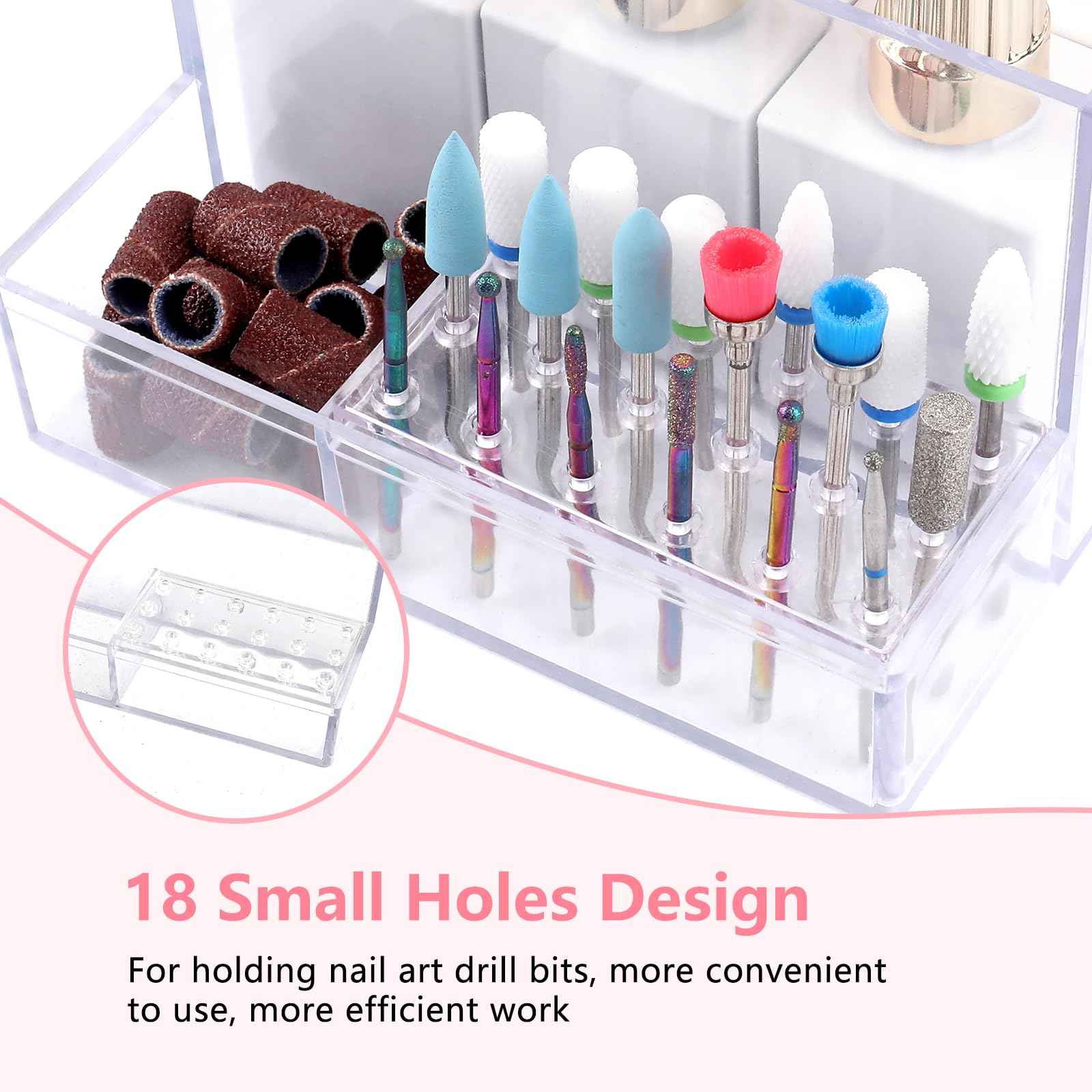 YINGJEE Nail Drill Holder, 18 Holes Acrylic Nail Drill Bit Holder, Professional Transparent Nail Drill Grinding Bit Organizer Case and Storage Box for Manicure Tools (Transparent)