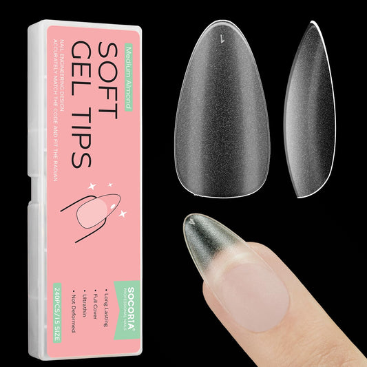 SOCORIA Medium Almond Nail Tips | Soft Gel False Nail | Pre-shaped Matte Full Cover Press Acrylic Fake Nail Tips for Nail Extension Home DIY Manicure Salon 240 PCS 15 Sizes