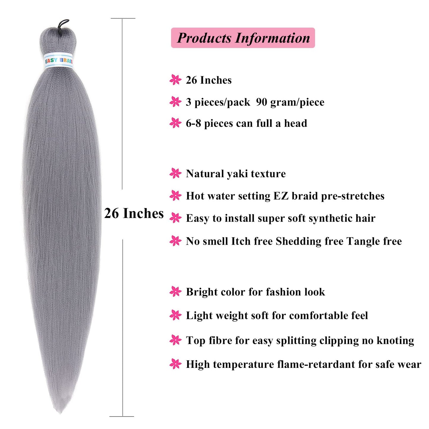 Grey Braiding Hair Pre Stretched Kanekalon Long Braiding Hair 26 Inch Fake Synthetic Hair for Braiding Extensions Micro Crochet Clean Therapy Prestretched Prestressed Braiding Hair UPruyo (3 Packs)